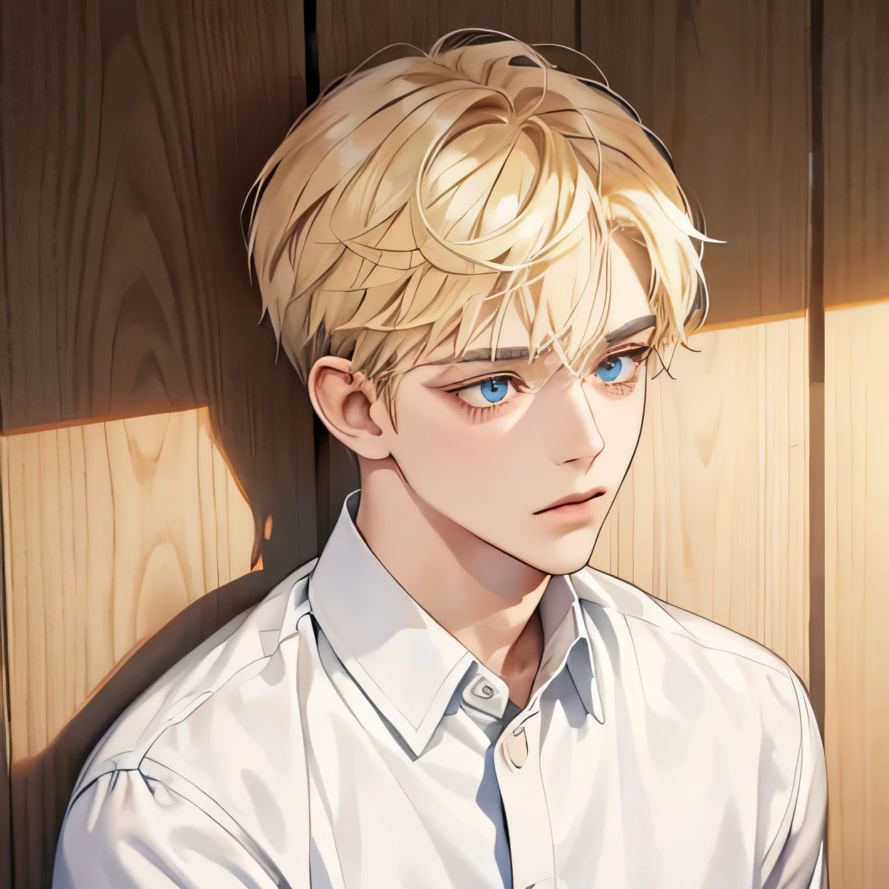 Short hair blond boy with tired eyes, white clothes