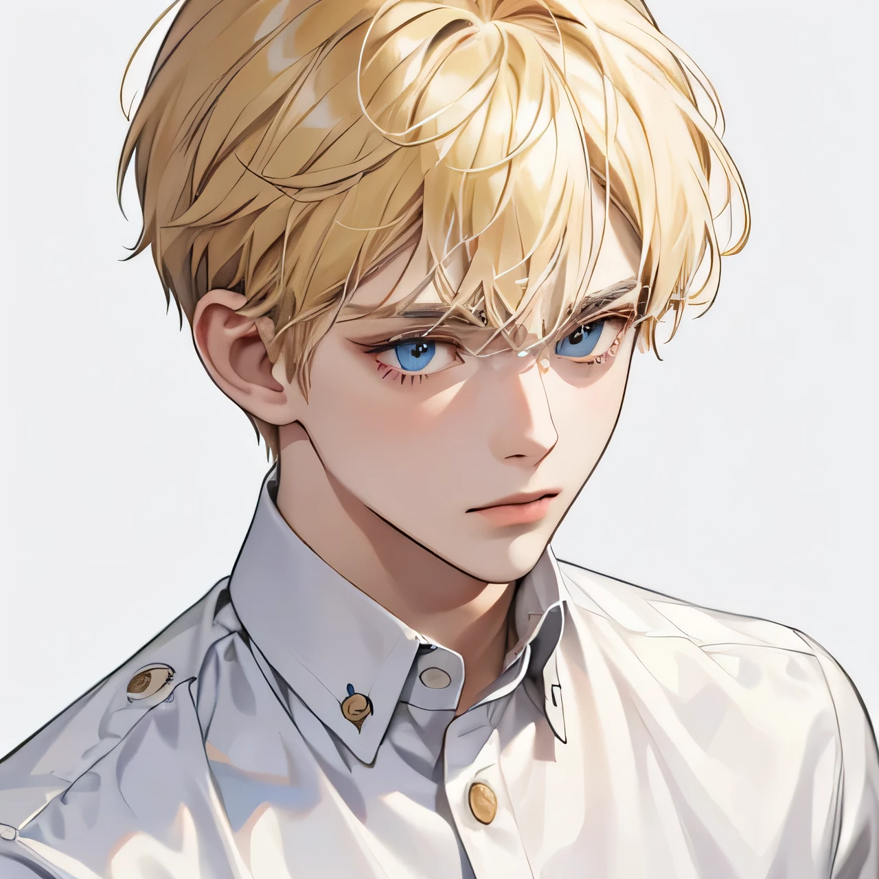 Short hair blond boy with tired eyes, white clothes