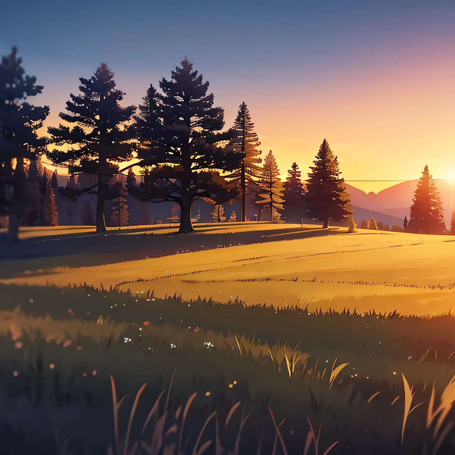 spacious place, distant trees, por do sol. animation style, 2D