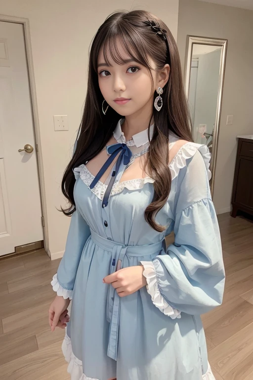 Lots of details, (Narrow waist), 20-year-old, Detailed black hair, Beautiful detailed hair, So beautiful, Intricate details、Beautiful and delicate eyes, Perfect hands, (small breasts highest quality), Perfect and delicate limbs, Detailed skin, highest quality, Super detailed,
Spectacular Scene, (column lineup), whole body, Girls Front, Thick thighs, Pause, Grace, Long Curly Hair, Fluffy hair, (Grin), Classic décor, Earrings, Maid clothes, High heels, Pale blue clothes, (palace:1.2), (Dream Core:1.2), (Moody lighting:1.1),Front view,Look at me,whole bodyを見せて,whole bodyのファッションを見せる,女性らしいPauseをwhole bodyで表現,whole body正面写真,Shoot from a frontal perspective,Standing、Standing in front
