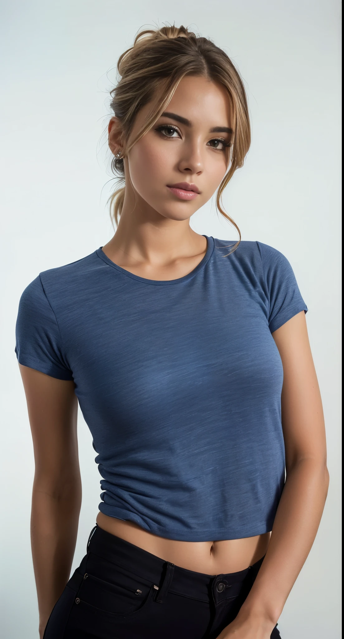 mulher em um top azul posando para uma foto, camiseta azul apertada, Manga curta, close-up de corpo inteiro, close da parte superior do corpo, assunto completo mostrado na foto, wearing camisa apertada, close da parte superior do corpo, imagem oficial do produto, foto completa do produto, camisa apertada, detalhe perfeito, seu rosto corado e suado, foto oficial do produto, centre image