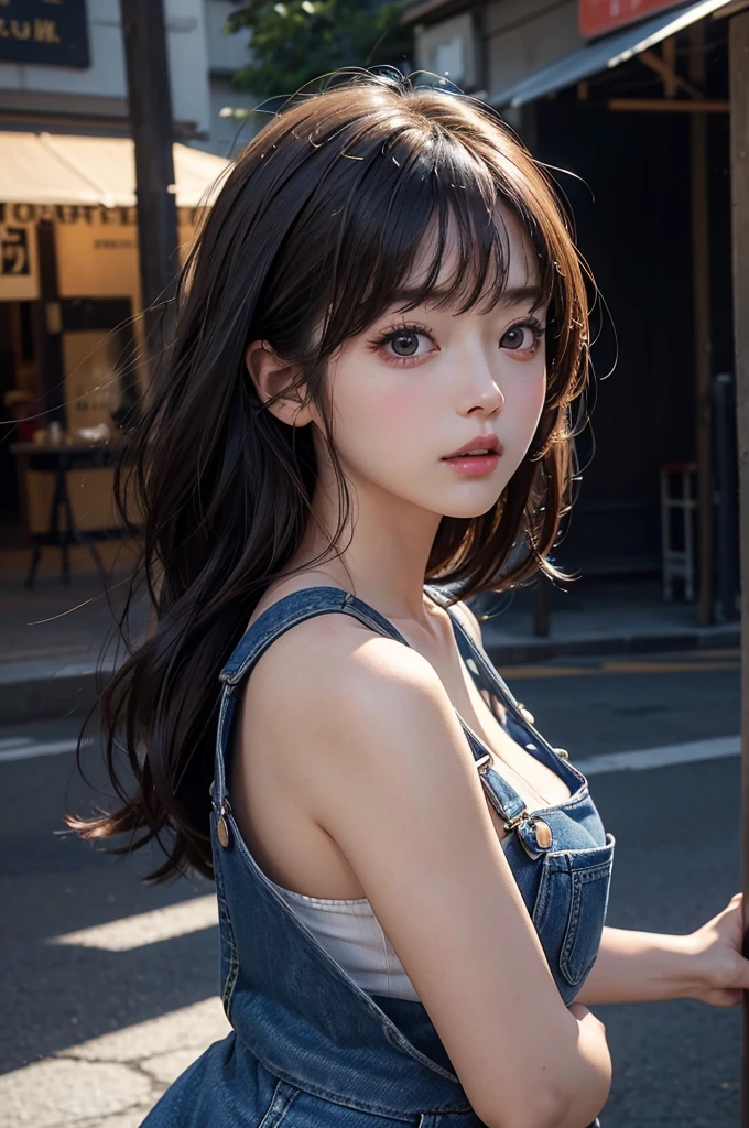 Top quality masterpiece 8Kmasterpiece Super detailed facial details Draw the face in detail A woman wearing denim overalls Nogizaka Idol Asuka Saito Plump breasts Upper Body Kawaii pose sexy pictures Focus on the face Close up photography professional lighting Vivid photos Sexy heavy bangs Sexy pose