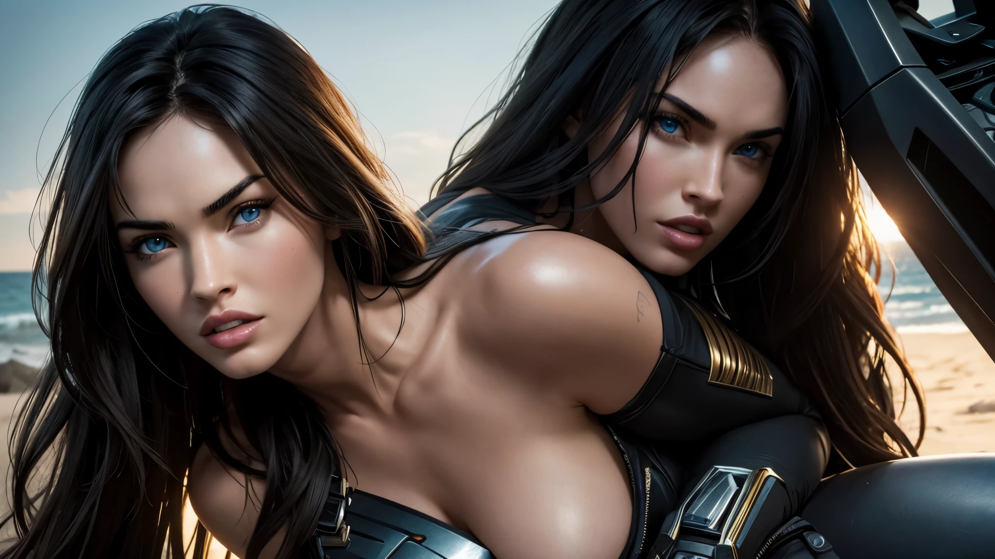 Transformer fondles Megan Fox, 8k, epic realistic, detailed eyes, Megan Fox is topless