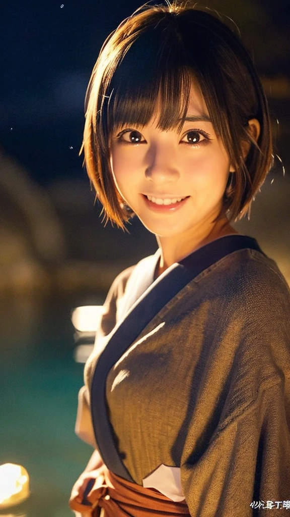 Japanese、Beauty、cute、Beauty、Hairstyle: short black bob、Big eyes、Brown eyes、Close your mouth、smile、1 girl、Above the waist、Revealing clothing、bathing、Japanese hot springs、Beautiful night sky、