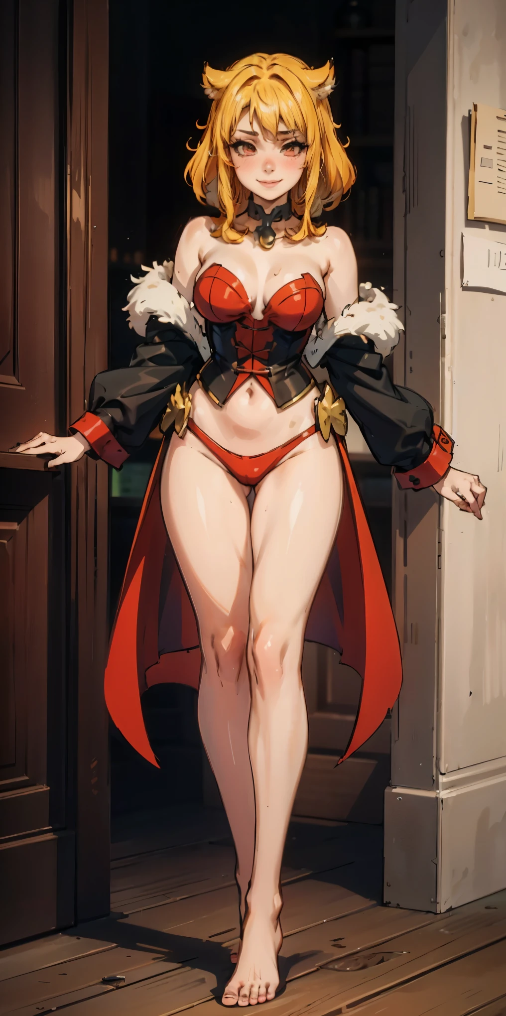 Roxanne Demin kin 1girl, solo, medium breasts, Body position: Standing, straight, symmetrical, barefoot, Lustful smile on face with red blush, fluffy ears, dog ears, blonde hair