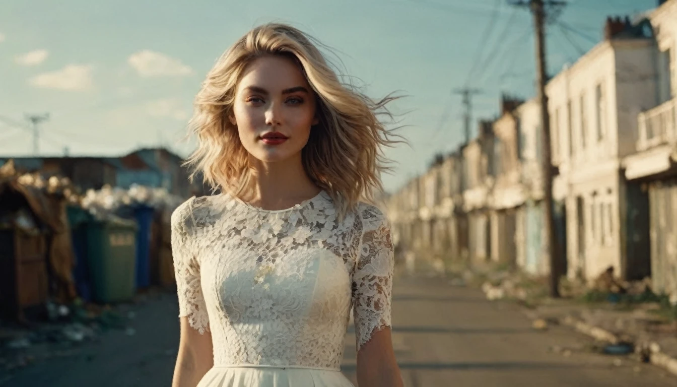 middle ground camera view, cinematic wide angle full body portrait shot of a short white dressed stylish european long blonde wavy haired woman walks down a street at daytime after a nuclear war in a futuristic Dystopian city. Happy smiling face.Blue sky and the sun shines. Both sides of the pedestrian street are very full of garbage, with overturned bins full of waste that have not been emptied for weeks. Garbage mounds towers in front of the houses. Filthy dump on the street all around. Dystopian city, Chaotic, end of the world atmosphere. Dirt and filth is everywhere. She wears a short two piece white silk lace dress. She has stylish make up and luxury hair style. Highly detailed facial features, full lips, upturned nose, best smile, realistic perfect eyes and face. Photorealistic body and face, highly detailed shiny hair and skin. She walks confidently and casually. Sharp focus, depth of field, lifelike textures, best shadows, best quality. Realism, photorealism, hyperrealism, vintage muted color tones, lomochrome, natural lights, cinematic lighting, contrast lighting, best quality, insanely intricate details, hdr, uhd, 35 mm film, analog, Award - winning photograph, Masterpiece, 16k,hyper detailed,sfumato, chiaroscuro, beautiful woman, perfect face, rule of thirds, highly detailed hair, ((detailed face)), ((detailed facial features)), (finely detailed skin), pale skin, intricate details, amazing fine detail, neutral colors, Soft front light,cinematic lighting, dramatic lighting,dappled light on face, backlight on hair, sharp focus, wide angle, film grain, dslr, raw photo, photographed on Nikon