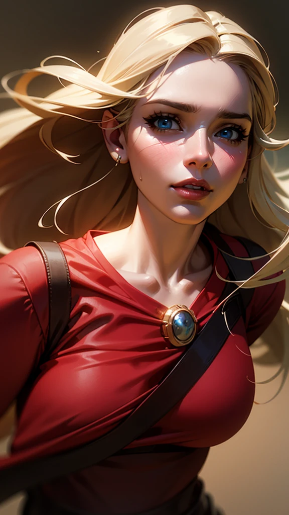 a woman in a red dress with long blonde hair,european face,looking at us, detailed realistic skin, sensual and attractive facial features, stunning blue eyes, delicate nose, lush lips, high quality, photorealistic, 8k, ultra-detailed, hyperrealistic, dramatic lighting, cinematic, glowing skin, intricate facial details, seamless blend of realistic and idealized elements, masterpiece