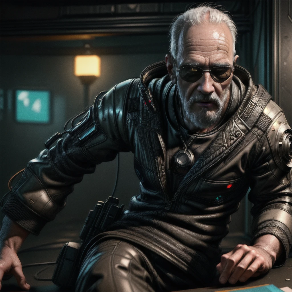 Masterpiece, best quality, (highly detailed CG unity 8k wallpaper), (best quality), (best illustration), (best shadows), isometric 3D , octane rendering, ray tracing, highly detailed, oldman master storyteller ancient philosopher cyberpunk closeup view