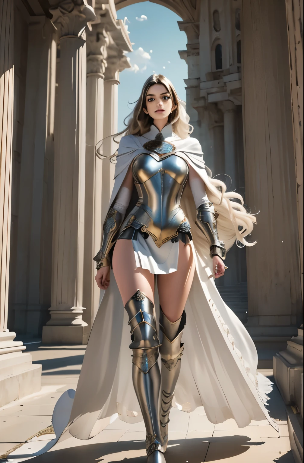 ((Anne Hathaway)), ((Anne Hathaway in ornate white heavy armor)), award winning concept art of tall (1girl) in master crafted intricate plate armor, royal, elegant, ((facing camera)), look at camera, eye contact, high long ponytail, dramatic long flowing white hair, (((exaggerated flowing white hair))), model on runway, epic, god rays, centered, (masterpiece:1.2), (best quality:1.2), Amazing, highly detailed, beautiful, finely detail, warm soft color grading, Depth of field, extremely detailed 8k, fine art, stunning, iridescent, shiny, light reflections, crisp, curls, wind, outdoor palace, elegant frontal pose, hyper realism, vibrant, sunlit, edge detection, (white elegant miniskirt), thigh high boots, knees, ((long exaggerated flowing wide white cape)), no panties, (((full body shot))), standing