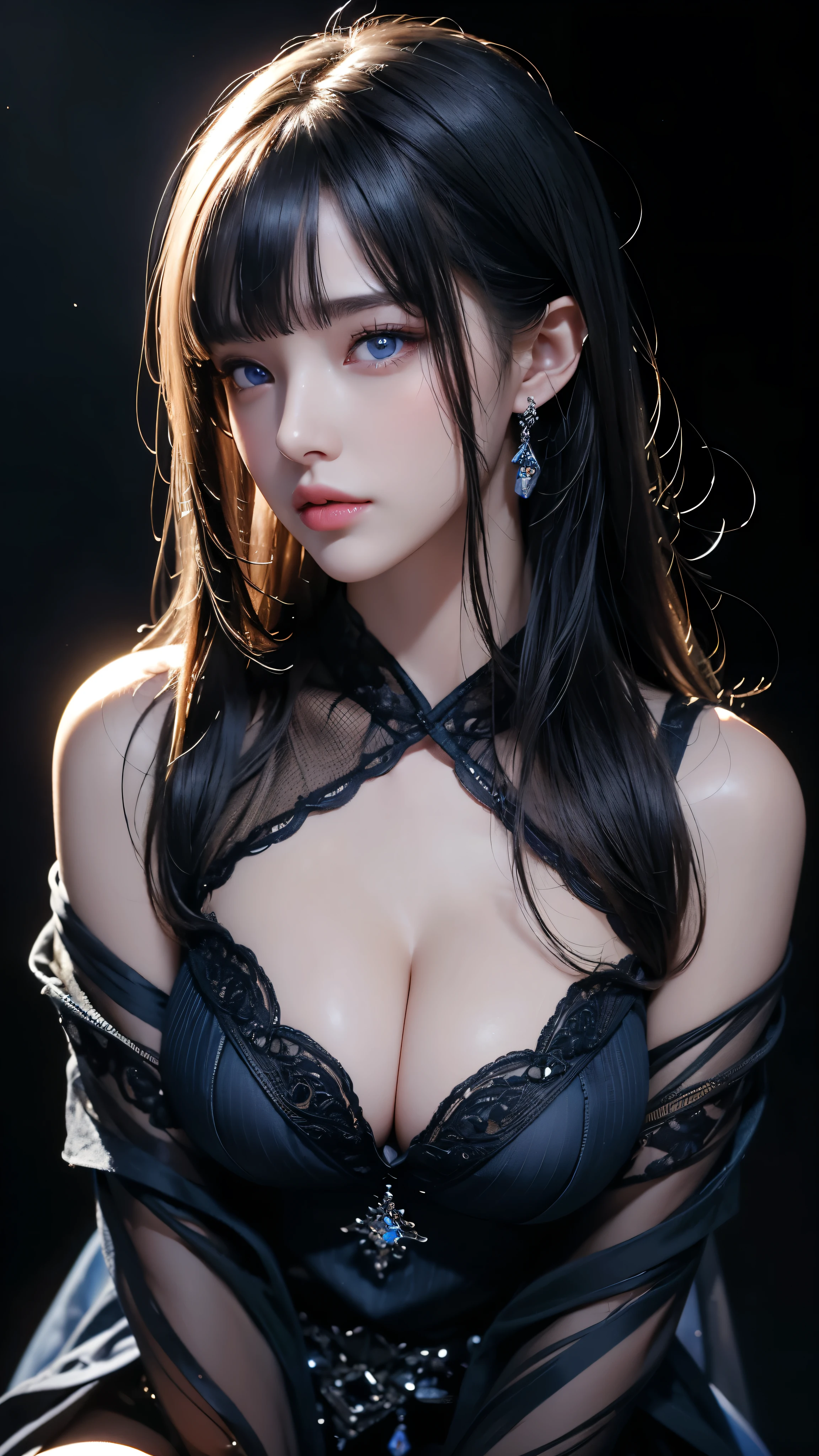 masterpiece, highest quality, Super detailed, Facing the camera, Super detailed, Realistic, Sharp features, Very detailed, Sharp focus, Perfect Face, Perfect Face, Perfect symmetrical perfect eyes, Perfect Plump Lips, Flexible female form, Cinematic, Film Light, Super detailed, hyper Realistic, masterpiece, Atmospheric, High resolution, Vibrant, Dynamic Studio Lighting, ((Dark Background)), The expression when enduring pleasure, Straight bangs, blue eyes,Black sweater, Cowboy Shot,The cleavage is visible、first round