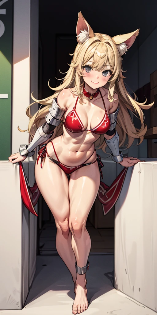 Roxanne Demin kin 1girl, solo, medium breasts, Body position: Standing, straight, symmetrical, barefoot, Lustful smile on face with red blush, fluffy ears, dog ears, blonde hair, bikini armor venus body
