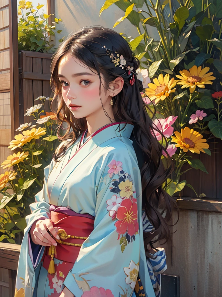 (highest quality、8k、32k、masterpiece)、(masterpiece,up to date,Exceptional:1.2), anime,One girl,Front hair,black_hair, Beautiful 8k eyes,Looking_in_Audience,One person in,Are standing,((Very beautiful woman, Fuller lips, Japanese pintern kimono))、((Colorful Japanese kimono)))、(((Medium Shot)))、Blunt bung、(High resolution)、Very beautiful face and eyes、1 girl 、Round and small face、Narrow waist、delicine body、(highest quality high detail Rich skin details)、(highest quality、8k、Oil paints:1.2)、Very detailed、(Realistic、Realistic:1.37)、Bright colors、(((blackhair)))、(((Long Hair)))、(((cowboy pictures)))、((( Inside an old Japanese house)))、(masterpiece, highest quality, highest quality, Official Art, beautifully、aesthetic:1.2), (One girl), Very detailedな,(Fractal Art:1.3),colorful,Most detailed,Sengoku period(High resolution)、Very beautiful face and eyes、1 girl 、Round and small face、Tight waist、Delicine body、(highest quality high detail Rich skin details)、(highest quality、8k、Oil paints:1.2)、(Realistic、Realistic:1.37)、Greg Rutkowski Written by Alphonse Mucha Ropp,
