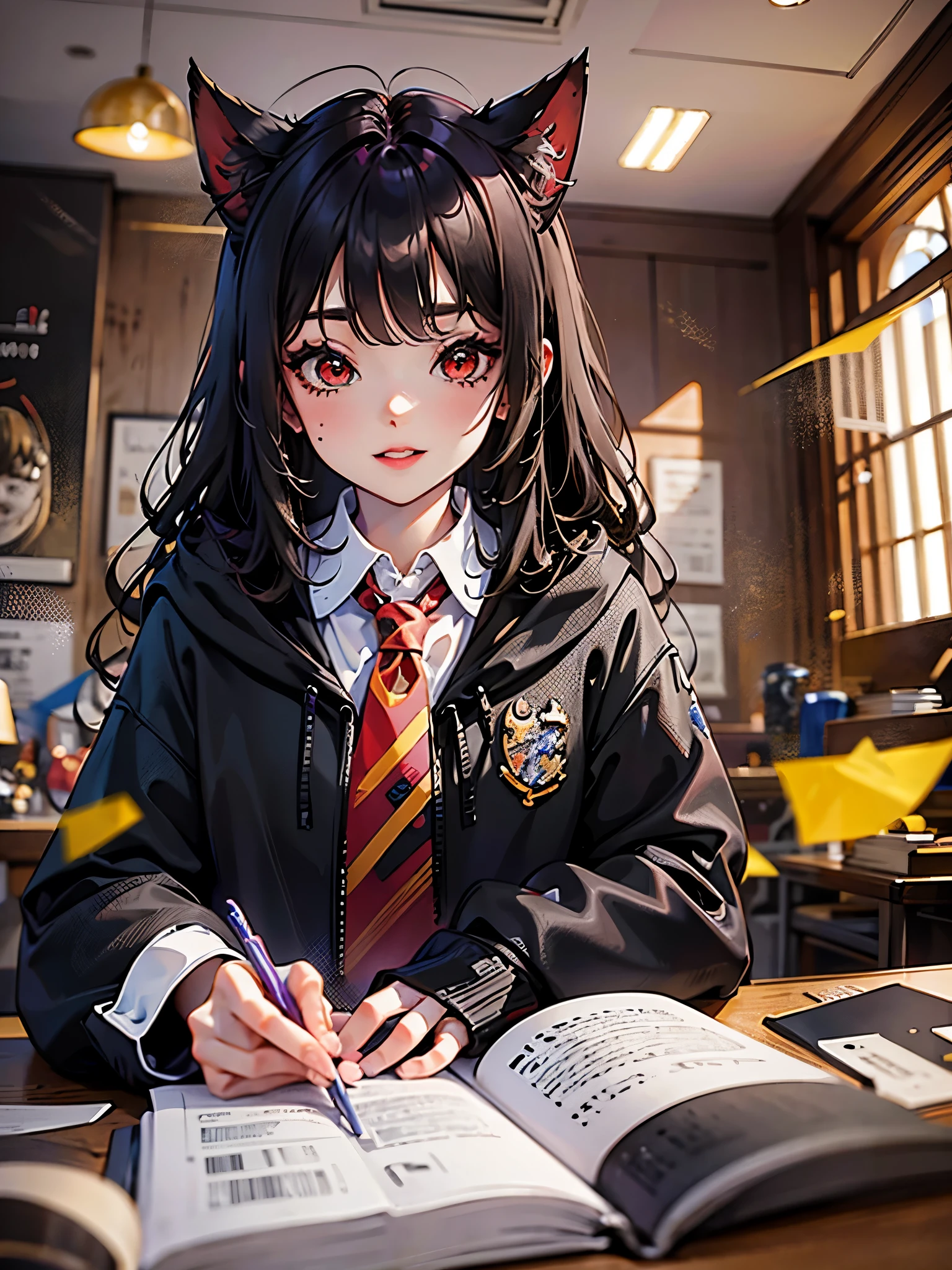 1chica junkotvv, long black hair with cat ears and red eyes Harry Potter theme magic and wizardry (varita magica en la mano y objetos volando), castillo de harry potter, hogwarts, gryffindor, que muestra a una joven profesora femenina con grandes pechos, Vestirse apropiadamente, ropa profesional, Well organized printing, youthful energy, Piel suave, ojos brillantes, Gentle and confident expression, cintura recta, Alto y segura, An air of tenacity and determination, mirada decidida, smile, Passion and dedication，Tiza en tu mano，pizarras，A group of students sat under the classroom podium，obra maestra，La mejor calidad en el mejor de los casos.，4k，8K，alta calidad，A high resolution, (harry potter style dress a black tunic white shirt with a red tie)