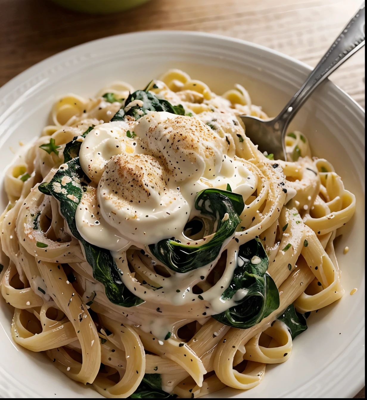 Capture the essence of a close up of a Creamy Garlic Cheesy Pasta with spinach in a single image for our recipe website. Show off its lacy texture and the perfect balance. Make our readers crave a bite just by looking at your photo. We want to see it in all its mouthwatering glory, ready to inspire cooks and bakers alike. Get creative with your composition, lighting, and styling Make it look Realistic, camera : iphone, V6