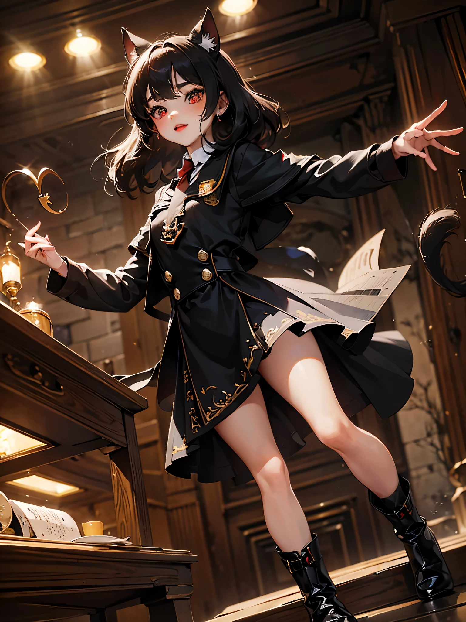1chica junkotvv, long black hair with cat ears and red eyes Harry Potter theme magic and wizardry (varita magica en la mano y objetos volando), castillo de harry potter, hogwarts, gryffindor, que muestra a una joven profesora femenina con grandes pechos, Vestirse apropiadamente, ropa profesional, Well organized printing, youthful energy, Piel suave, ojos brillantes, Gentle and confident expression, cintura recta, Alto y segura, An air of tenacity and determination, mirada decidida, smile, Passion and dedication,Tiza en tu mano,pizarras,A group of students sat under the classroom podium,obra maestra,La mejor calidad en el mejor de los casos.,4k,8K,alta calidad,A high resolution, (harry potter style dress a black tunic white shirt with a red tie)