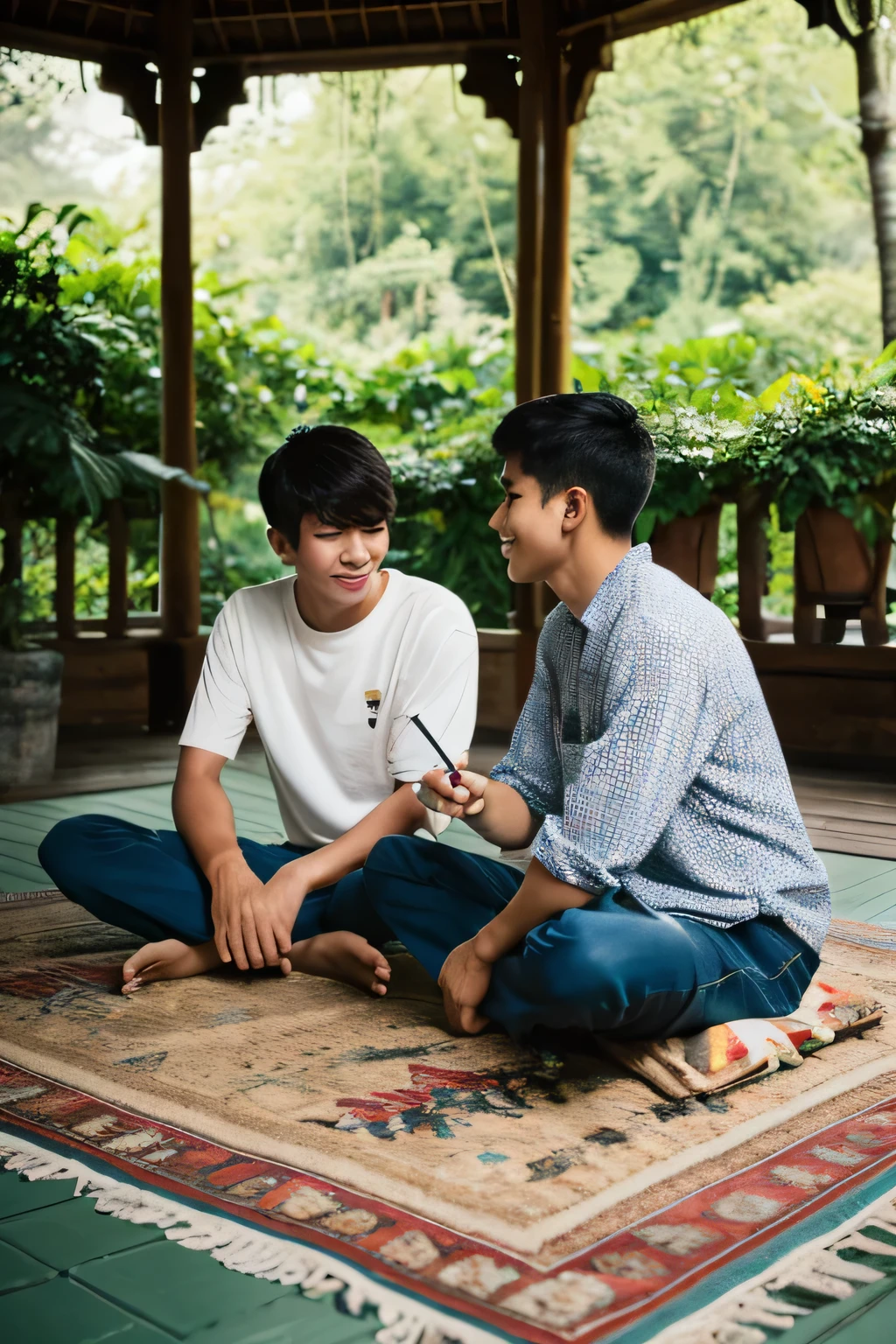 Calm and Peaceful Atmosphere: there were two young Indonesian men in the gazebo, enjoying sitting cross-legged on a mat, while lying down laughing with each other enjoying a cup of coffee and a cigarette. The village atmosphere feels calm with a typical Indonesian natural feel. You can feel the fresh air from the surrounding forests and hear the sound of the river flowing near the village. (Shooted from a DSLR camera, 8K)
