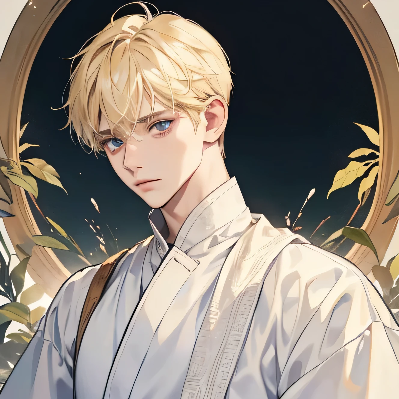 (A male god) Short hair blond boy with tired eyes, equal eyes, white ancient clothes