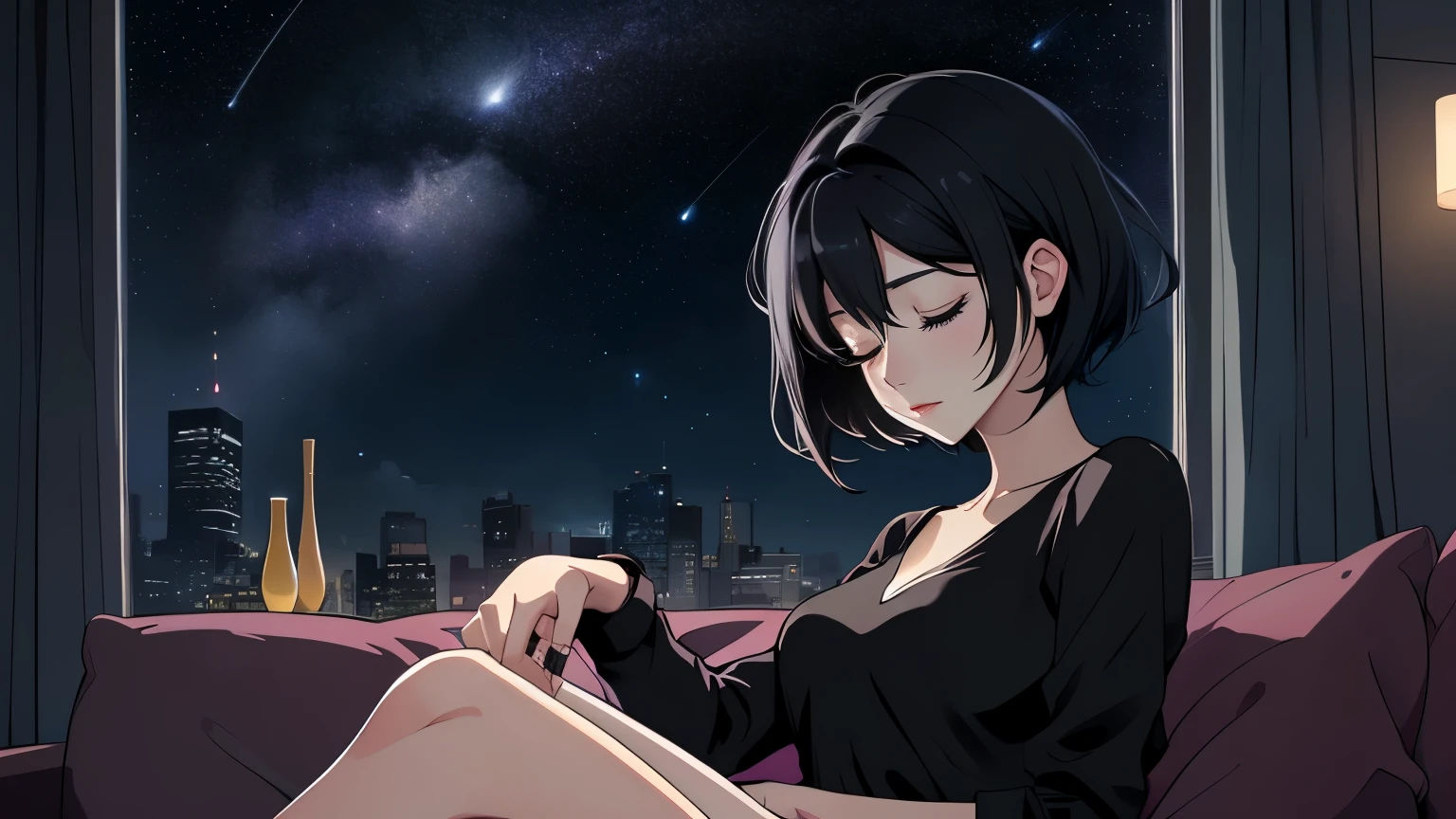 night、Sitting on a sofa in a stylish and spacious room、Both eyes closed美しい30代の女性、Short black hair。Long legs。comfortable壁紙、Gwise-inspired artwork、LOFI girl、A masterpiece of highly detailed art、Trending on cgstation、Relaxed mood、 Nightcore、comfortable、night、Wide glass windows、Starry Sky、Crescent Moon、looking down、Both eyes closed、V-neck blouse、She's the only one in the room。beautiful flower。purple。