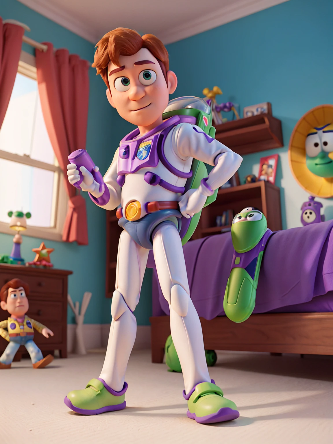 Masterpiece, 4k UHD, high quality, toy story, 1boy, 1man, man, (buzz lightyear), superhero pose, astronaut outfit, green and purple astronaut, bed, bedroom, shrunk, tiny, full body, full view of body, scenery, 200mm lens, blurry, depth of field,
