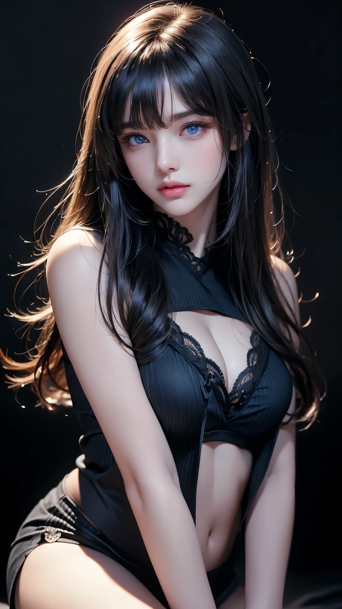 masterpiece, highest quality, Super detailed, Facing the camera, 複雑に詳細なSuper detailed, Realistic, Sharp features, Very detailed, Sharp focus, Perfect Face, Perfect Face, Perfect symmetrical perfect eyes, Perfect Plump Lips, Flexible female form, Cinematic, Film Light, Super detailed, hyper Realistic, masterpiece, Atmospheric, High resolution, Vibrant, Dynamic Studio Lighting, ((Dark Background)), The expression when enduring pleasure, Straight bangs, blue eyes,Black sweater, Cowboy Shot,The cleavage is visible、first round