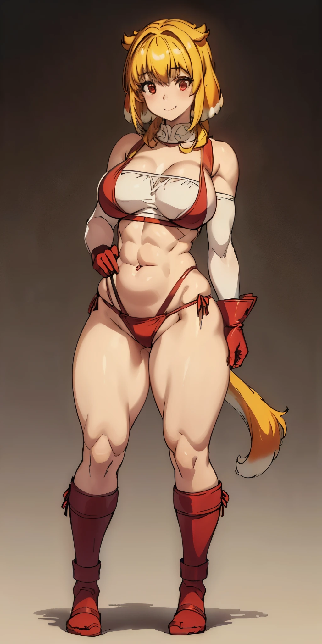 (plain background, 8k, best quality, masterpiece, realistic, photo-realistic:1.37) (full body height standing straight symmetrical contrapposto) (looking at viewer) 2legs apart (wide stance) ultra detailed, 1solo cute girl (beautiful detailed eyes) (smile:1.2) (closed mouth) view from below depth of field, good composition, bob hair, perfect knockers, suspenders, toned body, athletic, wide hips, thin waist, toned arms, exposed abdomen, abs toned, navel, big belly button belt ((red cheeks, red eyes, red tank top, red thong, red gloves gauntlets, red stockings thighs)) (Roxanne fluffy ears, dog ears, blonde hair)