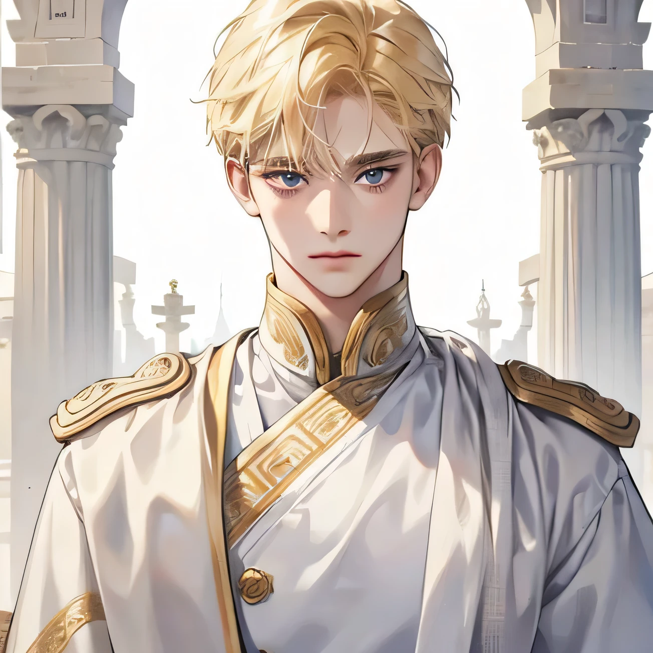 (A male god) Short hair blond boy with tired eyes, equal eyes, white ancient clothes