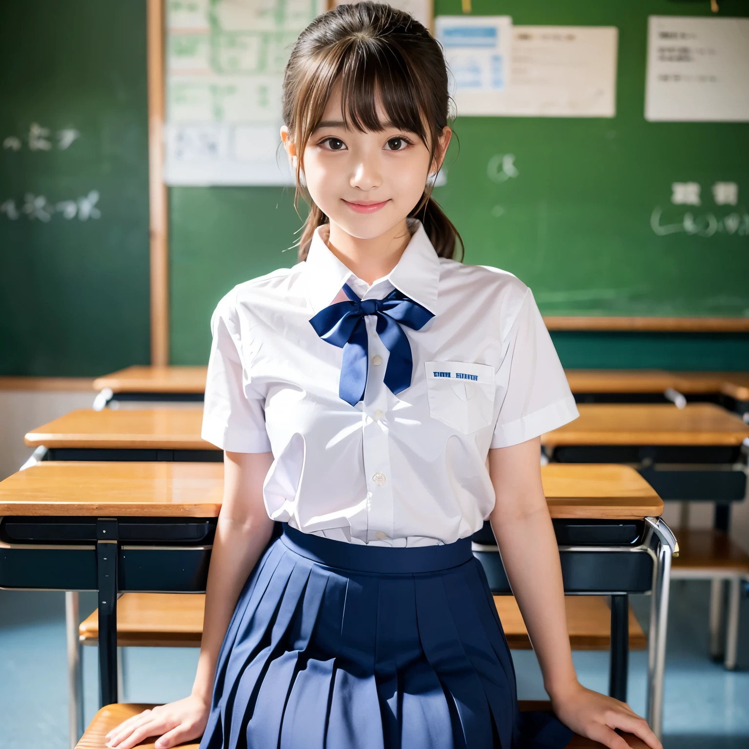 (Best-quality, Masterpiece, Ultra-High-Resolution, (Photorealistic:1.4), Raw Photo, depth of field, professional lighting, perfect anatomy, extremely details, perfect face, perfect hands, perfect fingers, perfect body), front view, from below, 1girl, 12-years-old, the most famous Japanese idol, (wearing school-uniform with cute design, short sleeve shirt, pleated skirt, socks, loafers), sitting on school-chair in classroom, (extremely cute face like the most popular Japanese idol, (extremely cute and extremely big eyes), extremely cute hair, extremely cute skins), extremely cute long-eyelashes, extremely cute lips, innocent smile, looking at viewer