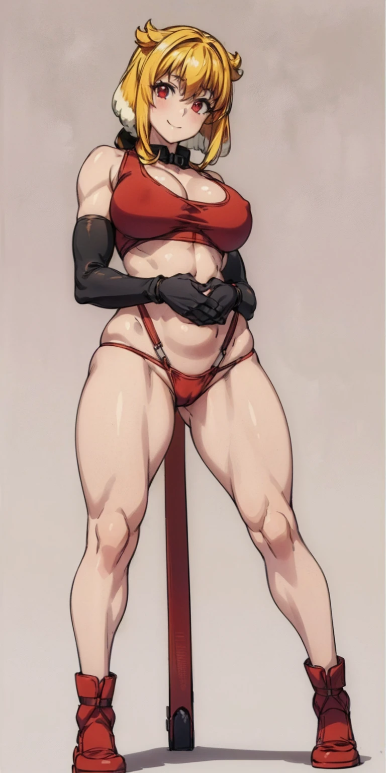 (plain background, 8k, best quality, masterpiece, realistic, photo-realistic:1.37) (full body height standing straight symmetrical contrapposto) (looking at viewer) 2legs apart (wide stance) ultra detailed, 1solo cute girl (beautiful detailed eyes) (smile:1.2) (closed mouth) view from below depth of field, good composition, bob hair, perfect knockers, suspenders, toned body, athletic, wide hips, thin waist, toned arms, exposed abdomen, abs toned, navel, big belly button belt ((red cheeks, red eyes, red tank top, red thong, red gloves gauntlets, red stockings thighs)) (Roxanne fluffy ears, dog ears, blonde hair)
