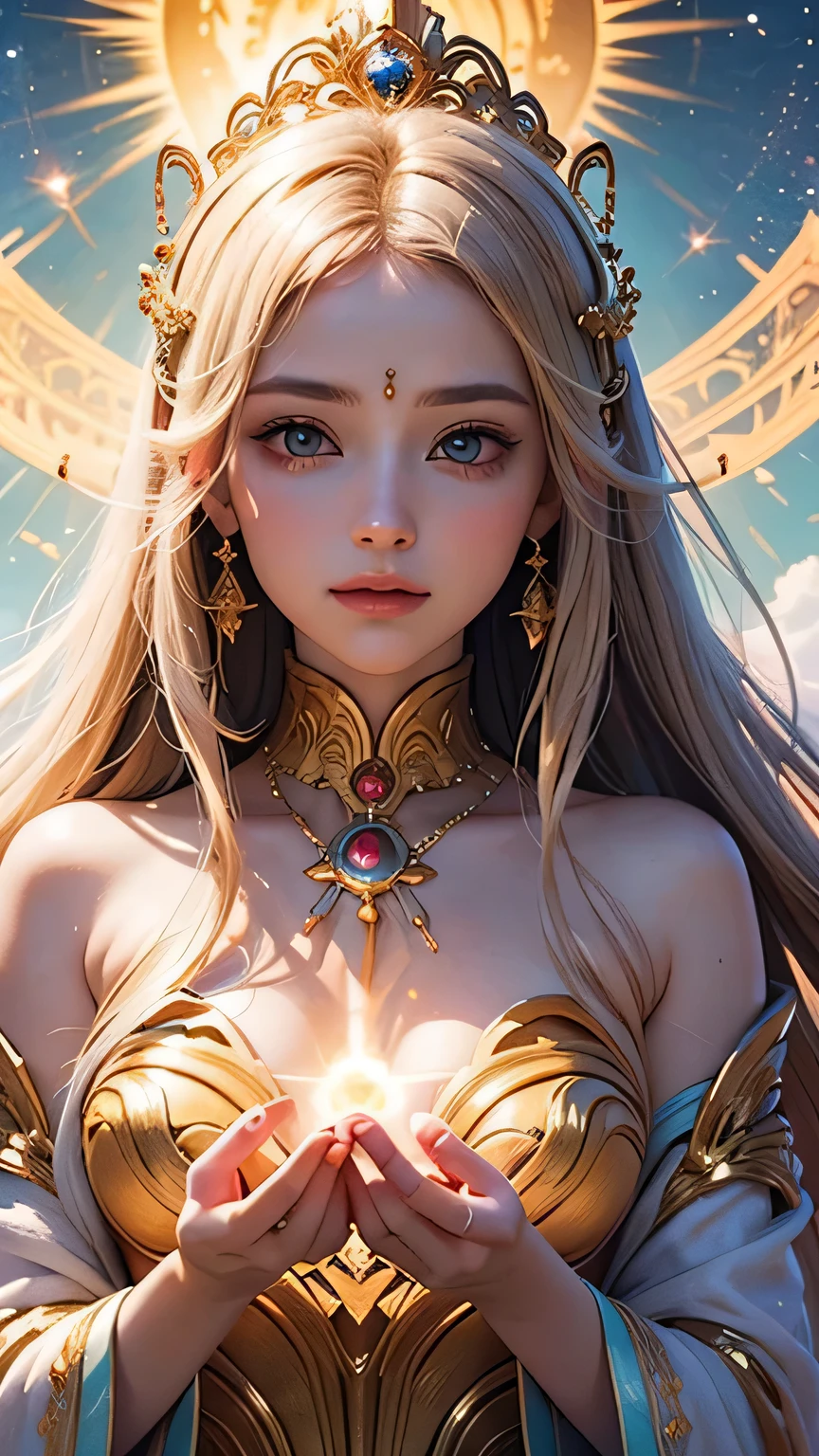 "Maiden of the Sun": Within a sacred sanctuary bathed in sunlight, depict the figure of a sun goddess, facing forward and emanating divine radiance. Zoom in to focus on her face, with light orbs gleaming in her hands, representing the life-giving power of the sun. Her hair is shimmering gold. The background should be predominantly pink, evoking a sense of divine splendor, with the addition of a blue sky to further enhance the feeling of openness and brightness. The setting is in heaven, enveloped in soft, bright light, where one can find tranquility and peace of mind, free from any trace of anxiety. Additionally, the light emanating from her hands should take the form of radiant hearts, resting gently on the palm of her hands.