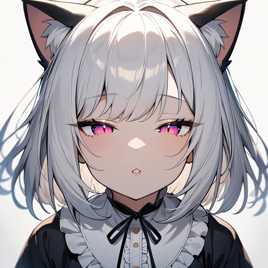 1girl,Slit pupil,masterpiece,best quality, very aesthetic,absurdres,highlight,center frills,cat ear,medium shot,looking at viewer,half closed eyes,front view,Parted lips,kiss,straight-on,White hair,imminent kiss