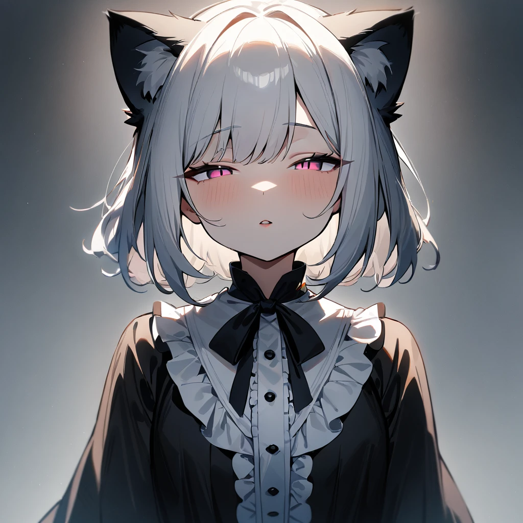 1girl,Slit pupil,masterpiece,best quality, very aesthetic,absurdres,highlight,center frills,cat ear,medium shot,looking at viewer,half closed eyes,front view,Parted lips,kiss,straight-on,White hair,imminent kiss