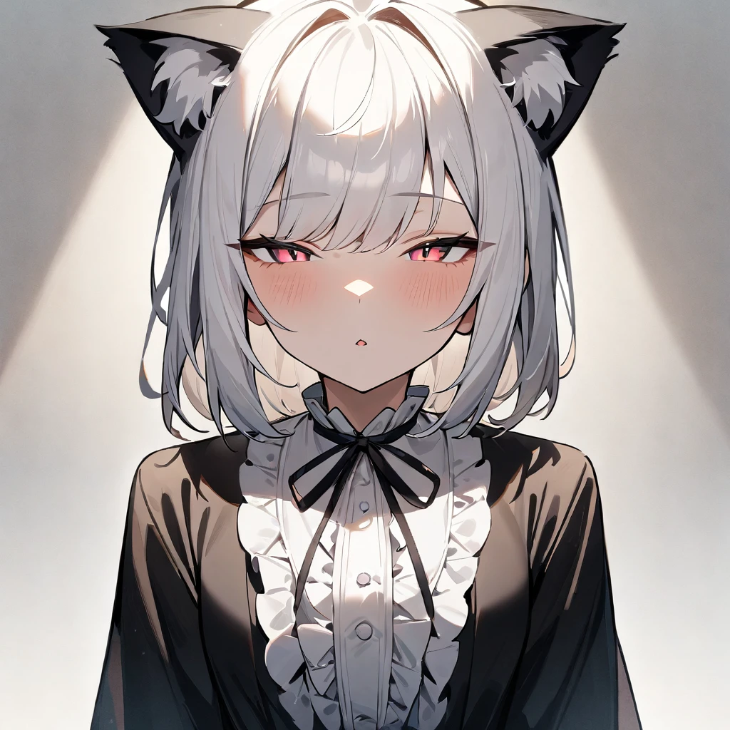 1girl,Slit pupil,masterpiece,best quality, very aesthetic,absurdres,highlight,center frills,cat ear,medium shot,looking at viewer,half closed eyes,front view,Parted lips,kiss,straight-on,White hair,imminent kiss
