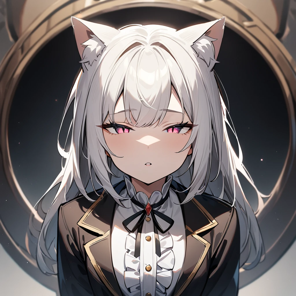 1girl,Slit pupil,masterpiece,best quality, very aesthetic,absurdres,highlight,center frills,cat ear,medium shot,looking at viewer,half closed eyes,front view,Parted lips,kiss,straight-on,White hair,imminent kiss