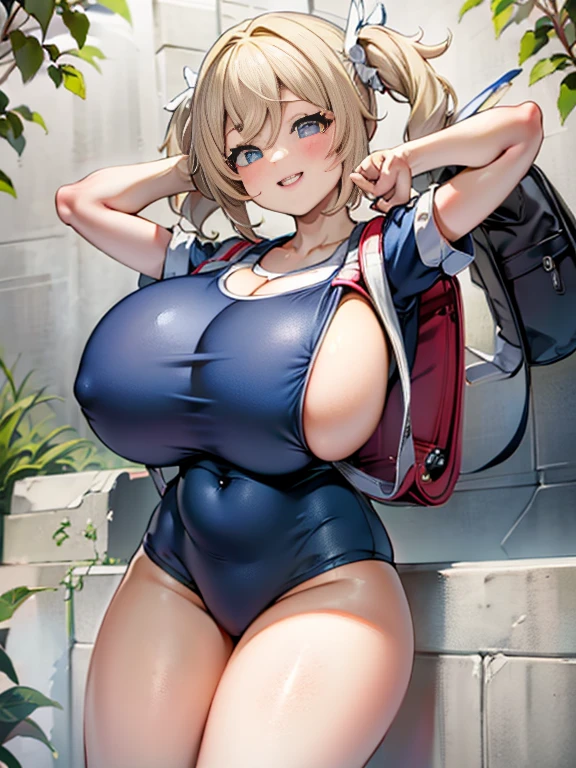 (highest quality)、(masterpiece)、(so beautiful)、(High resolution)、((An illustration))、(Very delicate and beautiful)、(Very detailed)、((CG))、wonderful、細かいディテールのmasterpiece、(The highest and ultimate art)、Very detailed 、(CG Unity 8k Wallpaper)、(1 girl), (((Cowboy Shot)))、(((Wearing clothes)))、(((Perfect Face)))、((((smile))))、(ベストAn illustrationレーション),(超High resolution)、(Best Shadow)、(((Sensual)))、(((Muscular)))、(((plump)))、(1 Japanese female)、(background、garden)、((((Super big boobs))))、anime,((())),(((3 years((Short length)))、((((School Backpack))))、(((Backpack)))((((Old School Swimsuit))))、(((Barbara,Genshin Impact))),(((Blonde、Twin tails)))