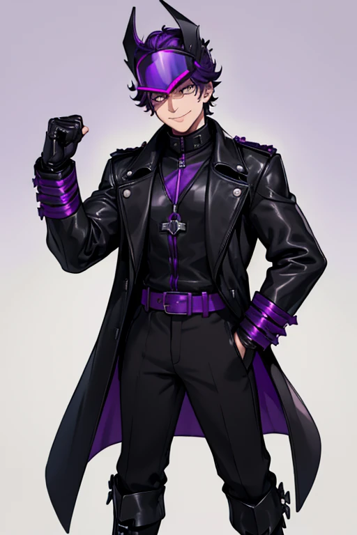 male, (((1boy))), (((black leather coat with purple trim))), (black pants), (black gloves), (black metal gauntlets), (black metal boots), (black helmet with purple visor), (black belt), long legs, smiling