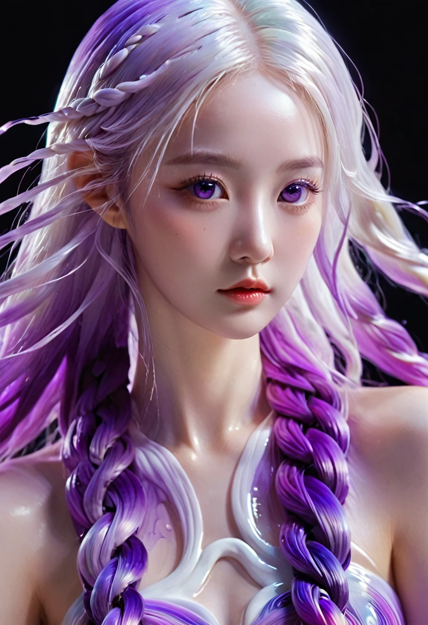 (Super Fine,lifelike:1.37),Psychedelic abstract art:3D goddess sculpture made of flowing liquid,Two girls side by side looking at the viewer, yinji, purple hair, purple eyes, long hair, white hair, double braids, gradient hair, Upper body portrait,Background of the myth,creative composition,Meticulous attention to detail,Liquid textures and patterns,High-resolution rendering,Crystal clear,Exquisite craftsmanship,Dreamy atmosphere,Sensual and fascinating,masterpiece:1.2。