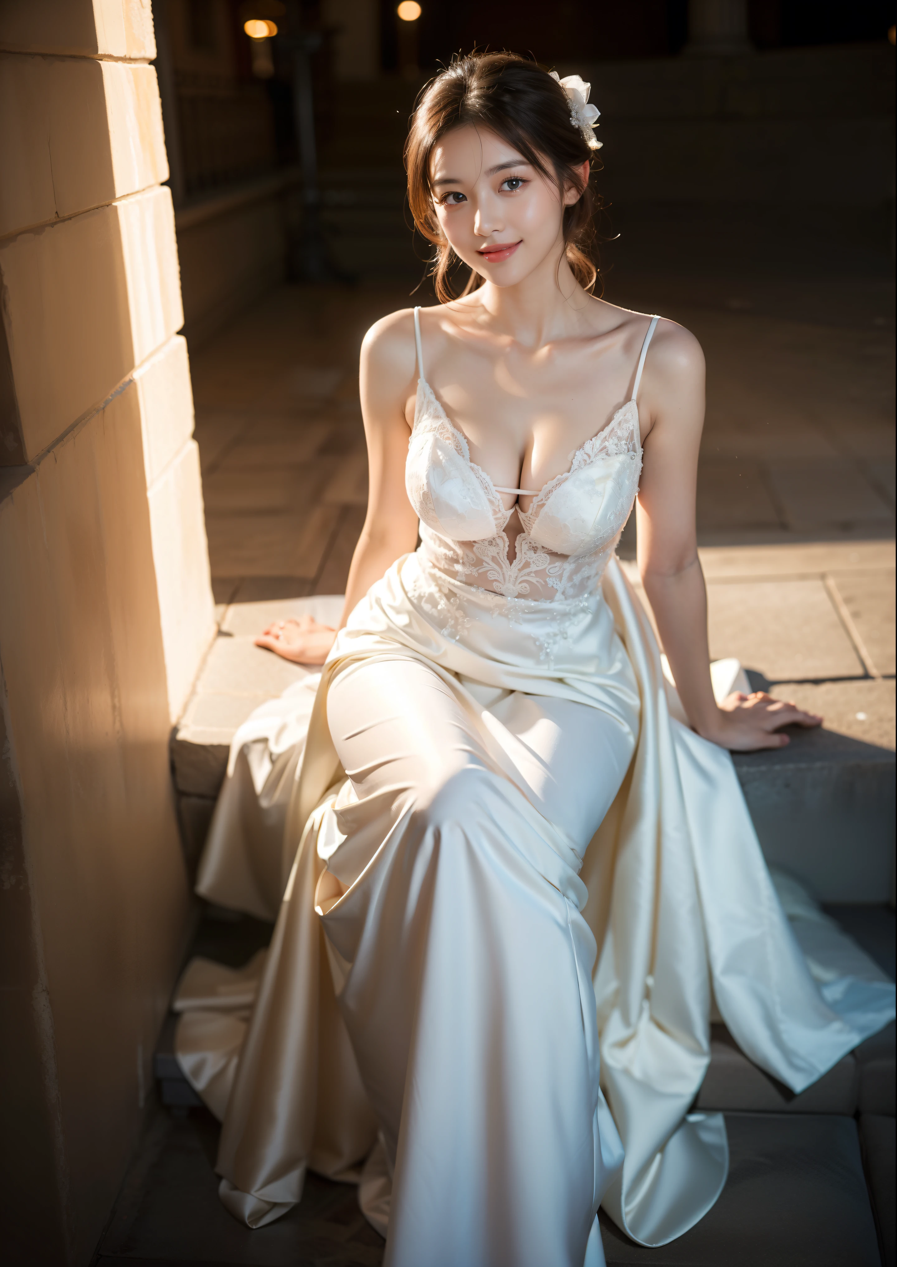 Beautiful 25 year old skinny woman。She is wearing a wedding dress. She is smiling on illuminated by the evening church lights on the romantic sunset time. her dark brown hair. High resolution、masterpiece、highest quality、頭w:1.0、((Hasselblad Photos))、fine skin、(movie lighting)、clavicle . full body picture.
