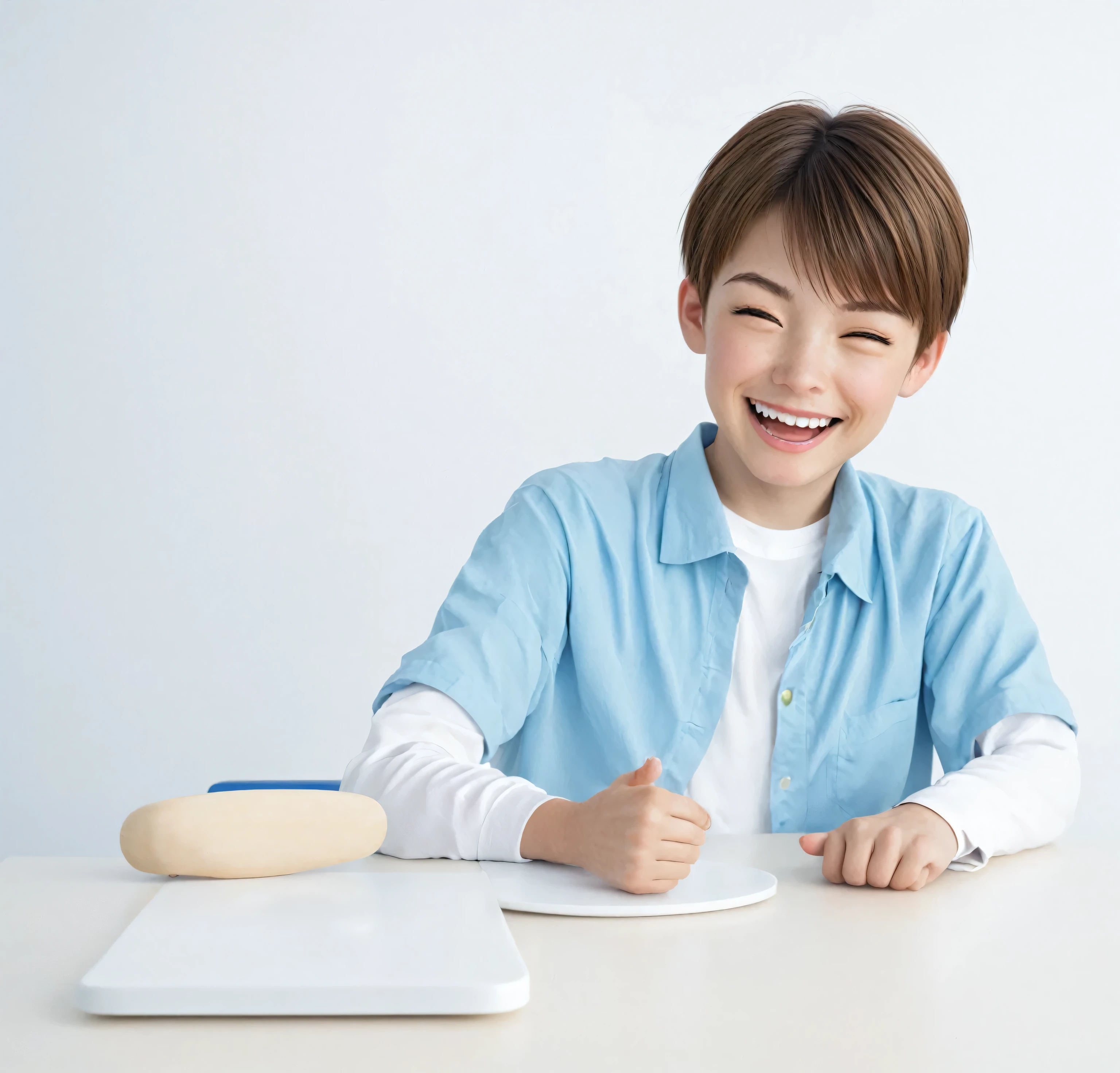 A  boy at the desk，Happy expression，thumbs up