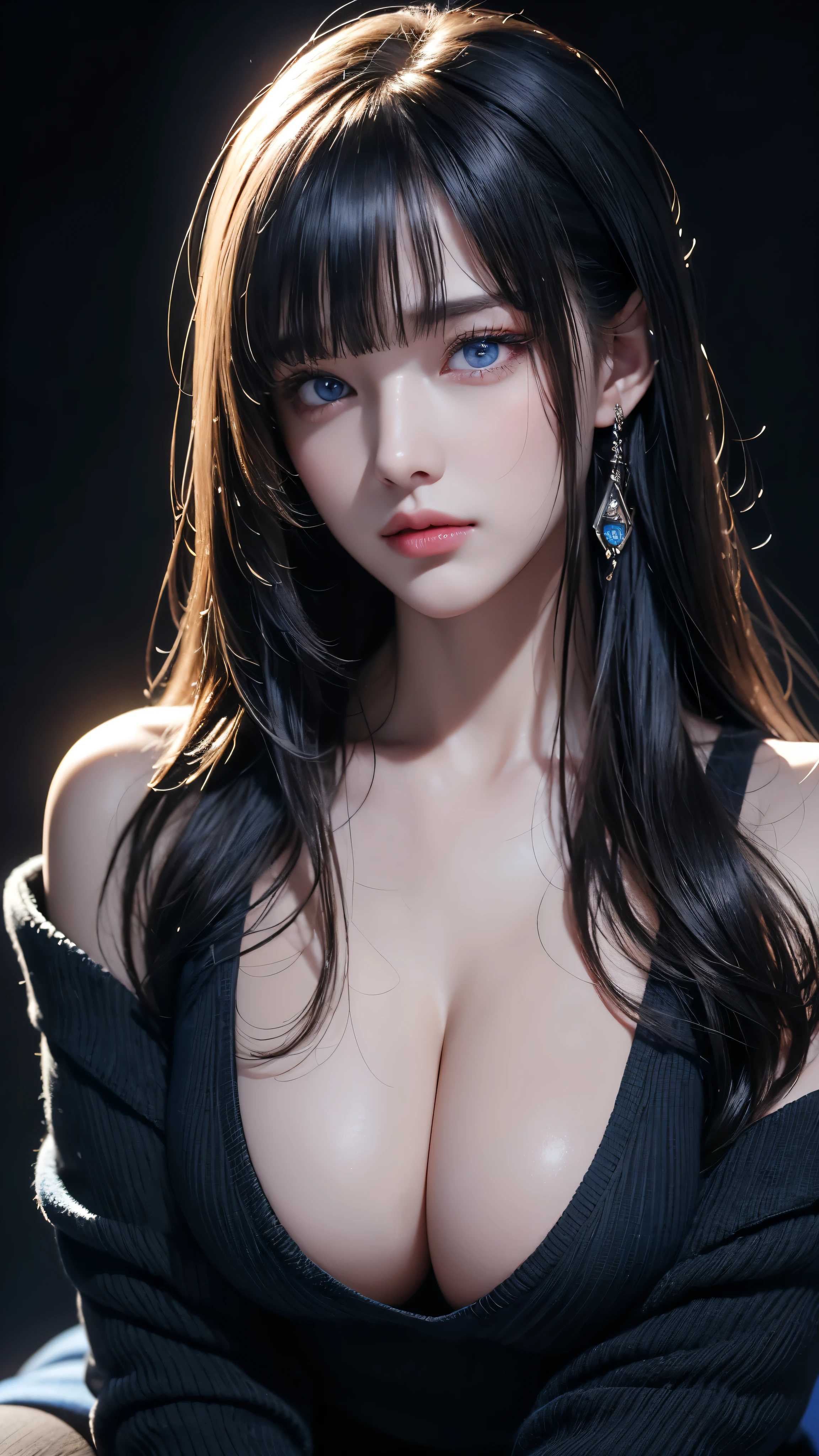 masterpiece, highest quality, Super detailed, Facing the camera, Super detailed, Realistic, Sharp features, Very detailed, Sharp focus, Perfect Face, Perfect Face, Perfect symmetrical perfect eyes, Perfect Plump Lips, Flexible female form, Cinematic, Film Light, Super detailed, hyper Realistic, masterpiece, Atmospheric, High resolution, Vibrant, Dynamic Studio Lighting, ((Dark Background)), The expression when enduring pleasure, Straight bangs, blue eyes,Black sweater, Cowboy Shot,The cleavage is visible、first round