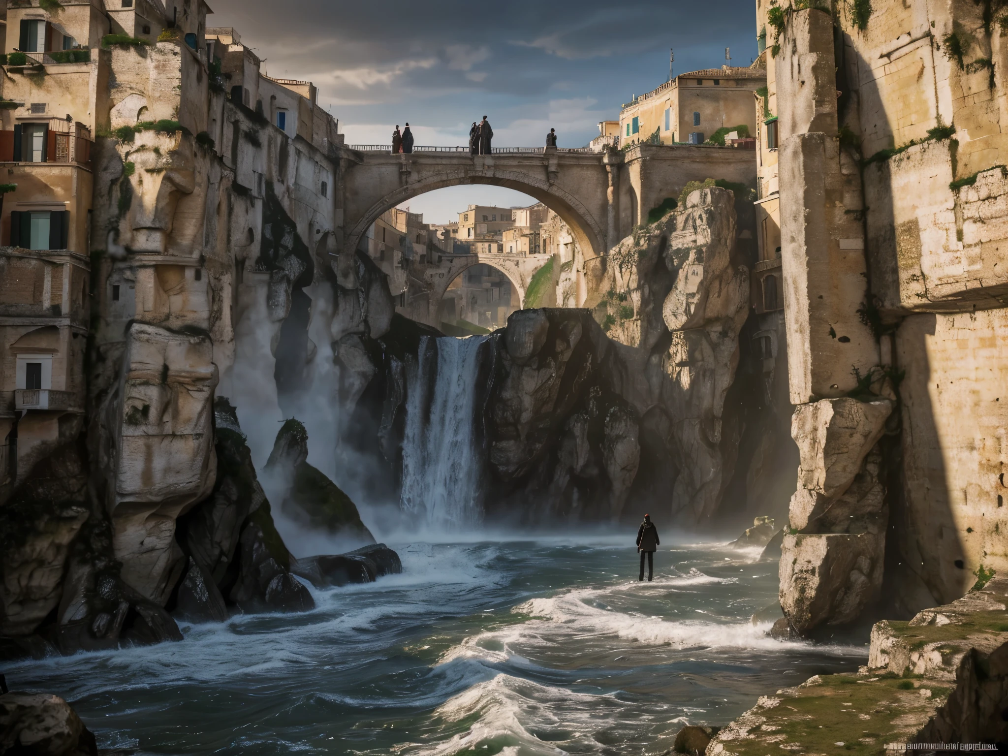((highest quality)), (ultra high resolution), (Super detailed), (detailed description), ((best CG)), (best work of art), super precision art, amazing drawing art, (Fantasy art with precise details:1.5), empire city similar to Venice, long entry bridge over massive waterfall into lower city. Sassi di Matera, Italy. sassi_di_matera. Outdoor in streets of Matera. The character is surrounded by mist, evoking a mysterious and eerie atmosphere. The lighting is dark and atmospheric, with a red smoke adding a touch of sinister ambiance. The image is of the best quality, with a resolution of 4k and HDR enhancement, showcasing the utmost level of detail and realism, nsfw, full body shot. [[YES SFW]], photorealistic man wearing a black hoodie is waiting for the Apocalypse.