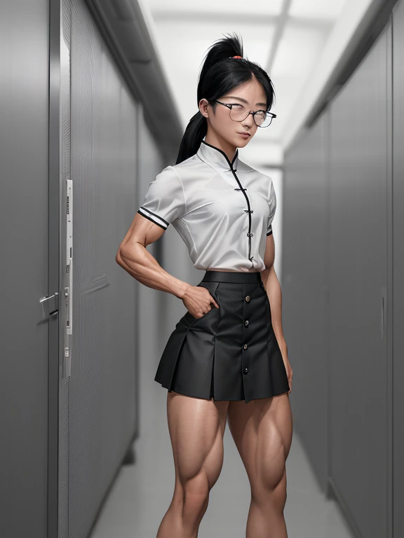 Short nerdy Chinese teenaged girl revealed to be muscular, 1girl, 17 years old, powerhouse, black hair, tanned alabaster skin, ponytail, rimless rectangle glasses, (wearing a white short sleeved button up blouse tucked into a charcoal knee length skirt), small breasts, flat chested, muscular thighs, extremely muscular forearms, vascular arms, defined biceps, shredded physique, lean, gorgeous, tiny waist, standing in school corridor, dominant,  sharp colour