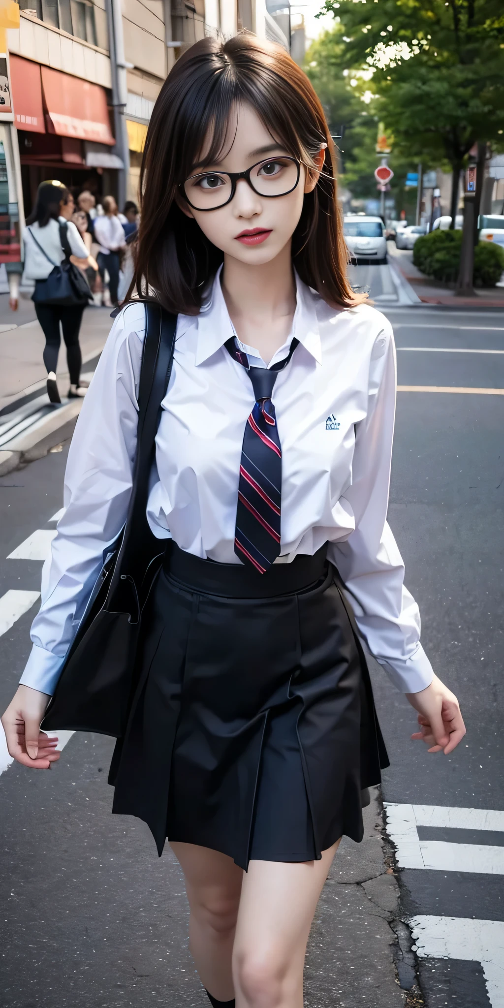 masterpiece, best quality, ultra-detailed, illustration,, (paisura:1.4), 1girl, glasses, small breasts, necktie, skirt, bag, , black hair, outdoors, road, between breasts, street, school bag, ground vehicle, danchi, japan,,  