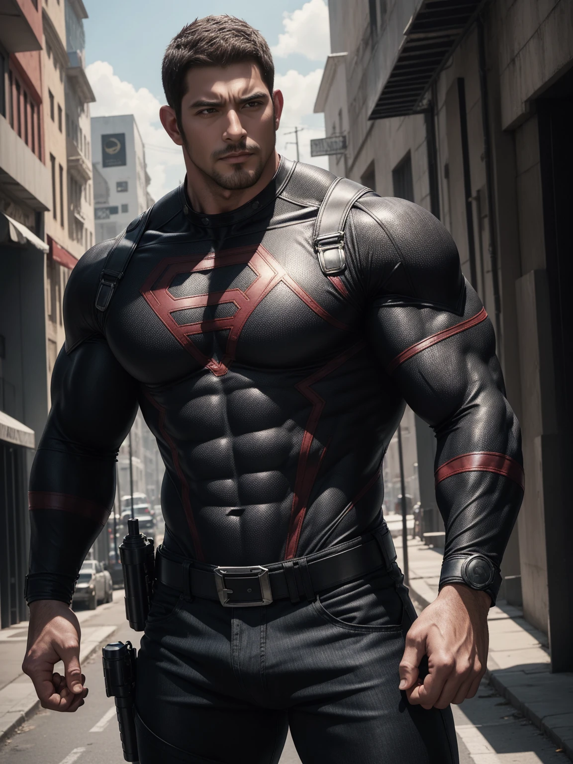 Angry super muscular man,  Buzz Cut，On the old-style outdoor street under the hot sun, Wearing long-sleeved dark red superhero Black Panther bodysuit, Dark red denim fabric texture，The expression is arrogant, Thick thighs, Messy hair, Thick thighs, High collar, long sleeves, dark red superhero bodysuit, very tight, Regular symmetrical pattern, Highlight muscles, Police uniform pants, character concept（Resident Evil - Chris Redfield, Chris Redfield）A proud expression, Deep and charming eyes, Heroic male pose, tall Burly, muscular！muscular thighs, tough guy, perfect facial features, High, Burly, Heqiang, Super polished and cool, High Resolution Committee, Charismatic, The sun is blazing, dazzling