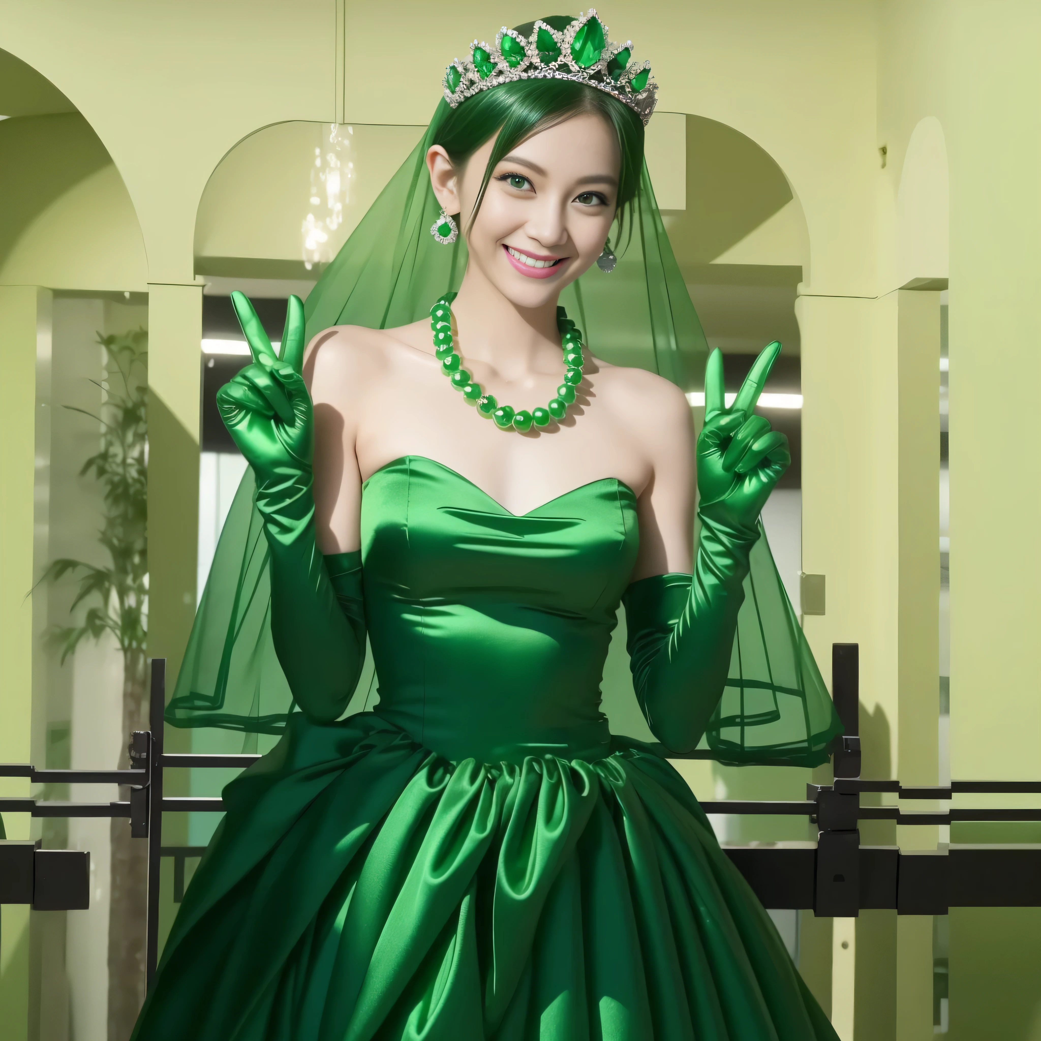 Emerald tiara, Green Pearl Necklace, Boyish very short green hair, lipstick, Smiling Japanese woman, Very short hair, Big and beautiful, Green Eyes, Long green satin gloves, Green Eyes, v sign, Emerald Earrings, Green veil, peace sign