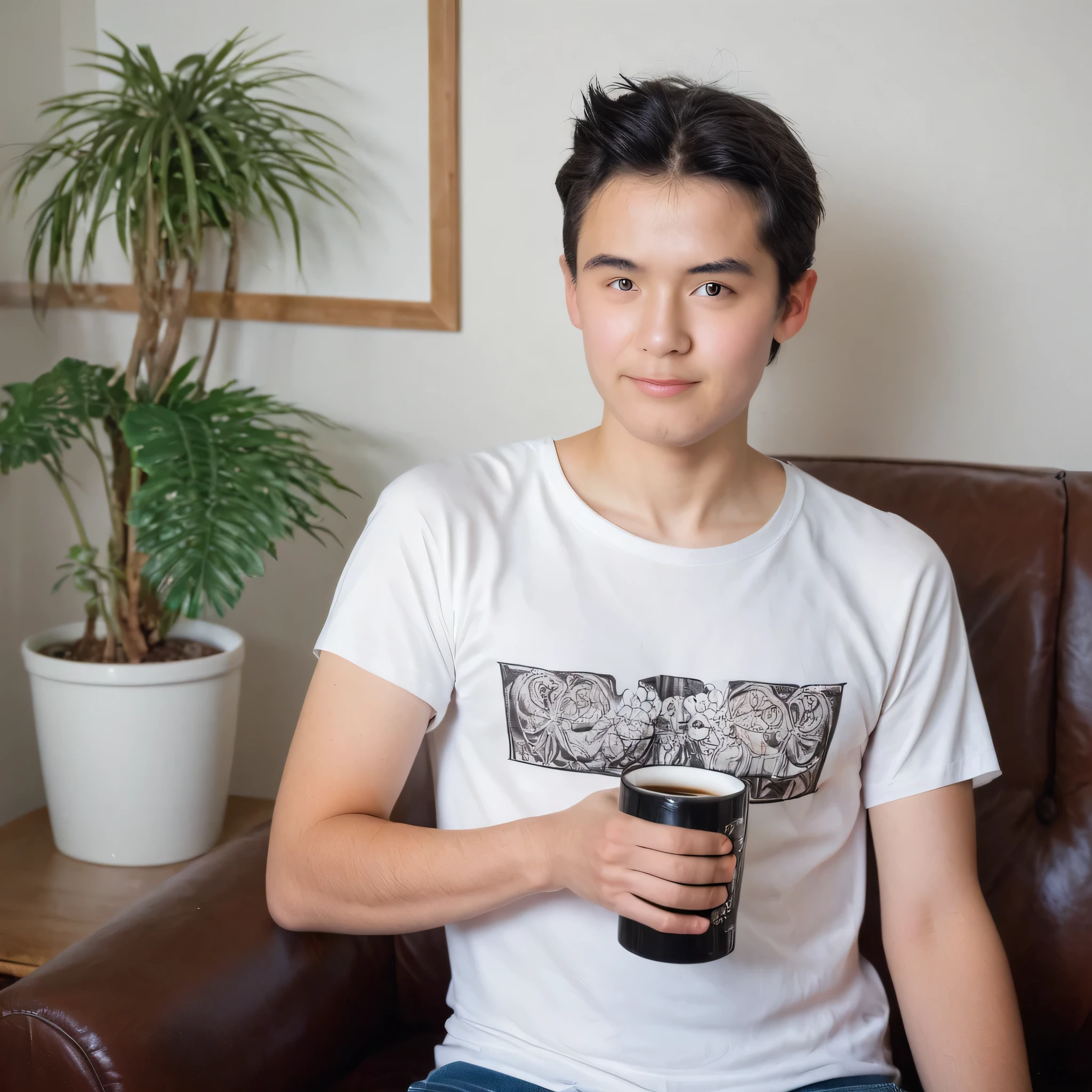 portrait of a 21-year-old South Asian man,big forehead , his short black hair catching the sunlight streaming through a left-hand window. He sits perched on the edge of a worn brown couch in a brightly lit living room. Sunlight bathes the room in a warm glow, illuminating a coffee table scattered with books and papers, hinting at a study session or project in progress. A bookshelf overflowing with novels stands proudly in the background, and a potted plant adds a touch of life to the corner.  Depict the man in comfortable clothes like a t-shirt and jeans, his posture conveying a thoughtful expression.  Focus on capturing both the man's concentration and the inviting, lived-in feel of his home environment, photo realistic , highly detailed , 8k