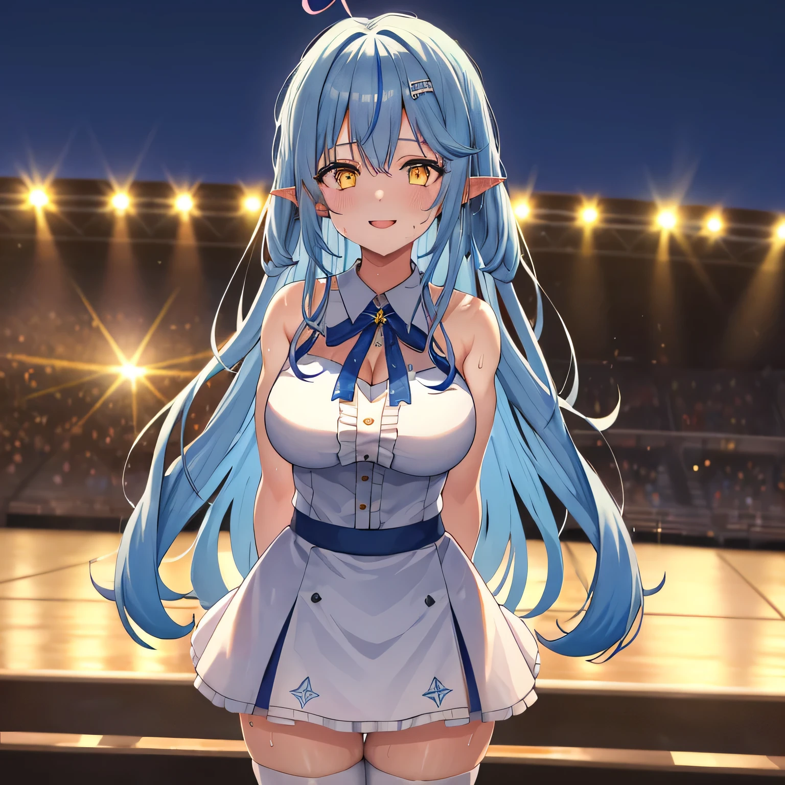 (masterpiece:1.3), (absurdres:1.3), (best quality:1.3), (ultra-detailed:1.3),(best shadow:0.7), (handled hair), pureerosface_v1, perfect anatomy, 1girl, solo, large breasts, cleavage, virtual youtuber, yukihana lamy, light blue hair, hair between eyes, yellow eyes, pointy ears, eelamy, long hair, streaked hair, heart ahoge, hair ornament, singing, looking at viewer, (sweaty:1.3) concert stadium, ((idol clothes)), concert, outdoors, night, extremely detailed 8K, smooth, high resolution, ultra quality, cinematic lighting, ambient occlusion, hd, 4k, perfect composition, atmospheric lighting, ,zettai ryouiki, gradient hair, gradient eyes, smiling, facing viewer, look at viewer, close-up,