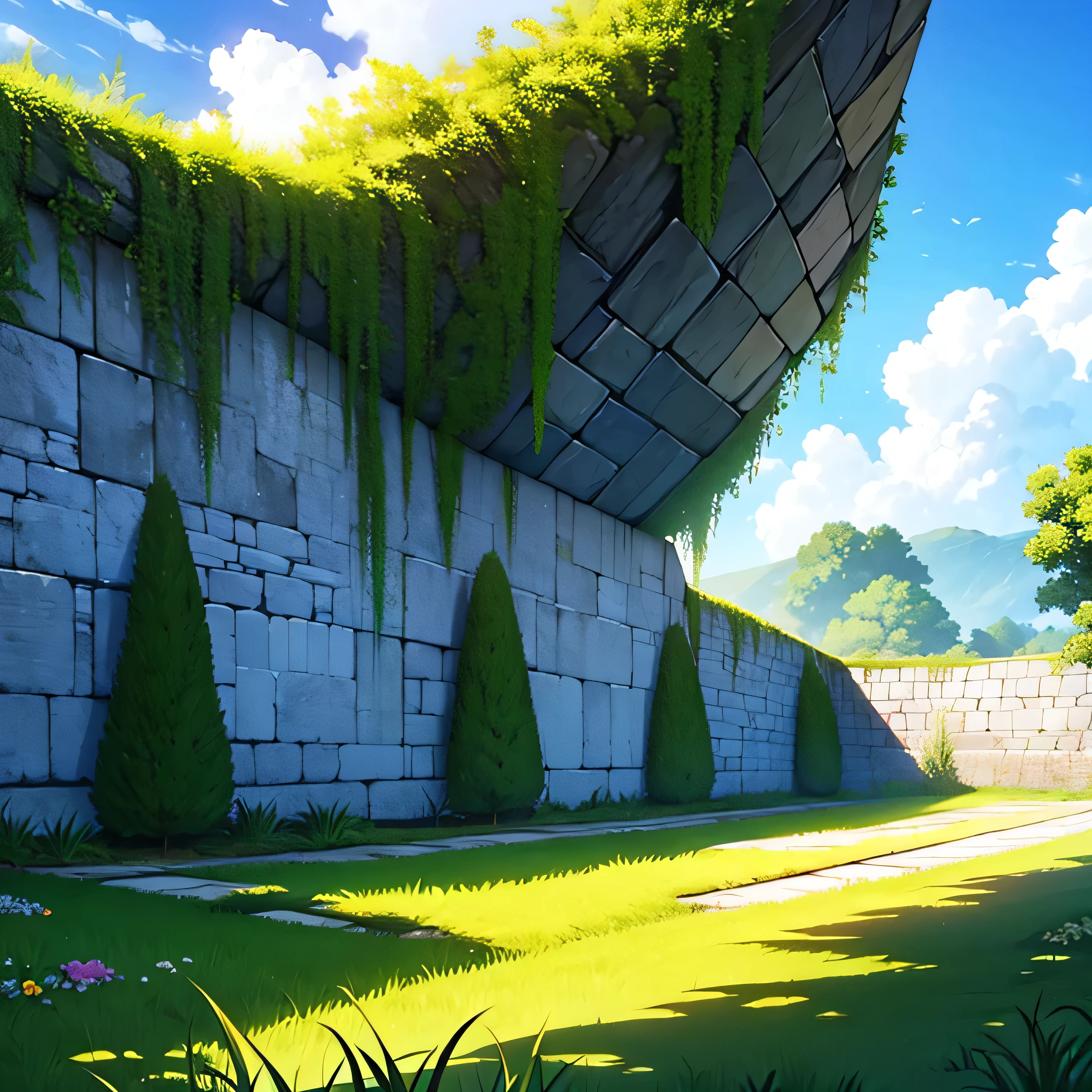 Muro de castelo no fundo, parede, trees in the background, animation style, 2D