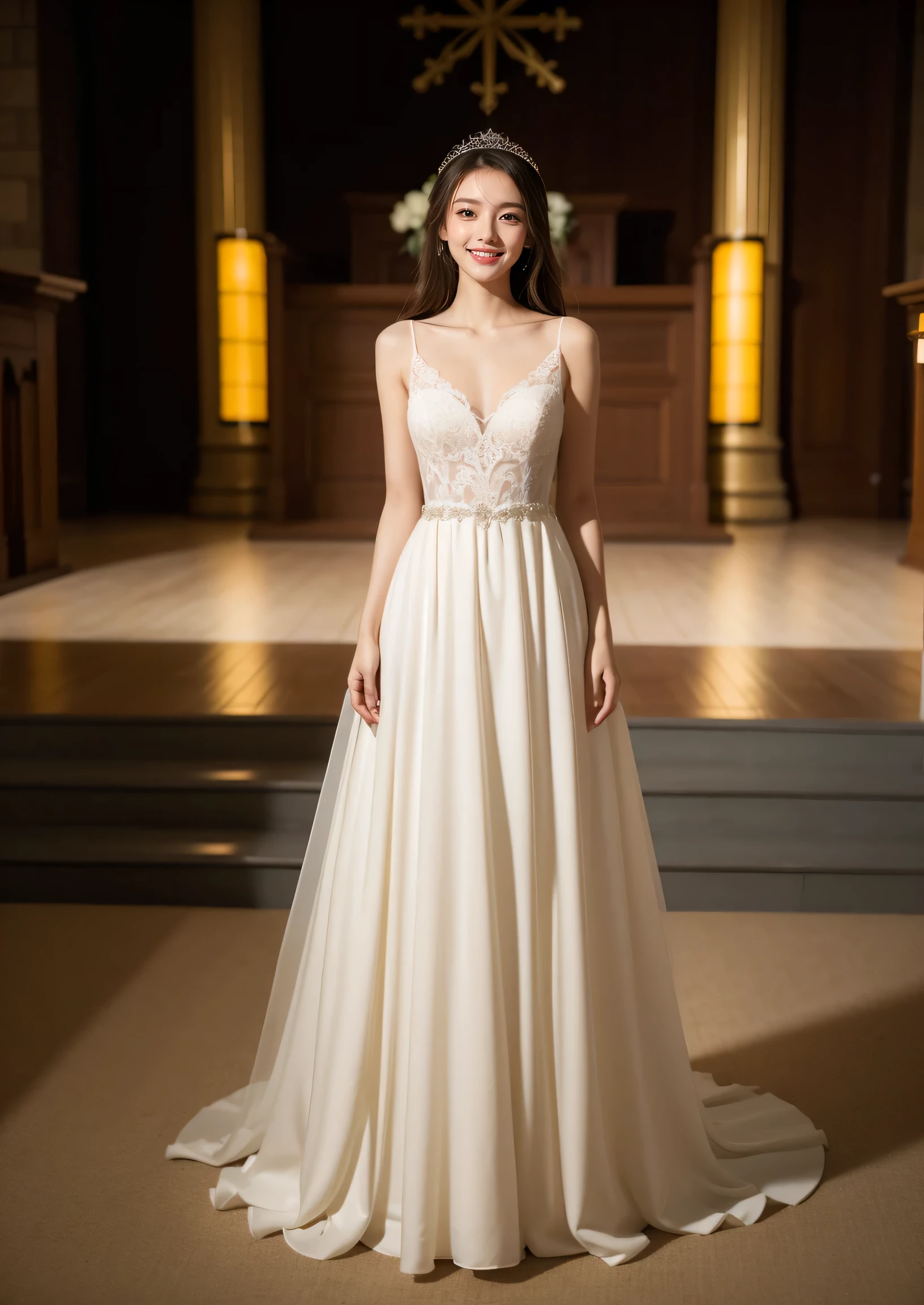 Beautiful 25 year old  skinny woman。She is wearing a wedding dress. She is smiling on illuminated by the evening church lights on the romantic sunset time.  her dark brown hair. High resolution、masterpiece、highest quality、頭w:1.0、((Hasselblad Photos))、fine skin、(movie lighting)、clavicle . full body picture.