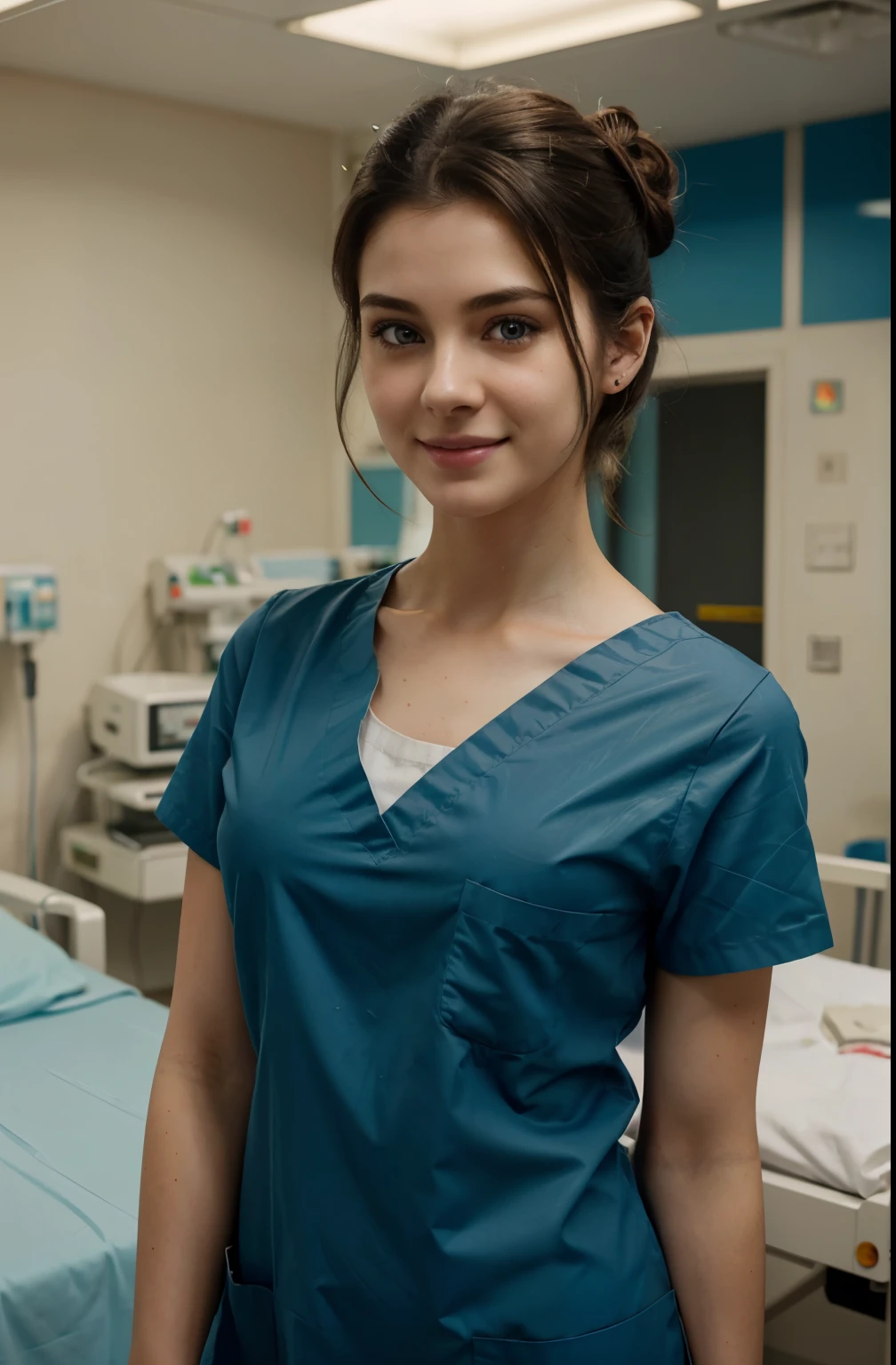 A Realistic Portrait of a scottish tenager girl, , as surgical nurse, Beautiful, detailed face, detailed eyes, (realistic skin:1.3), (pale skin:1.1), (textured skin:1.3), (()), big smile, (iphone photograph),), (artificial lighting:1.3), looking at the camera, perfect slim body, amateur Photography, Photorealistic, Detailed, analog, poor quality, grainy, standing in Operation room , , (perfect small breasts:1.1) 17 years oldin operation room, perfect body, pale skin, beautiful face, big smile, detailed face, wearing ultra soft and ultra light slight dark teal women hospital scrubs, dark teal hospital scrubs, wide angle showing full body, hospital ward, people, bokeh wearing dark-teal surgical scrubs, wide angle, showing full body, short hair tied up, hair bun, hair tied as chignon, holding black rubber-baloon in right hand