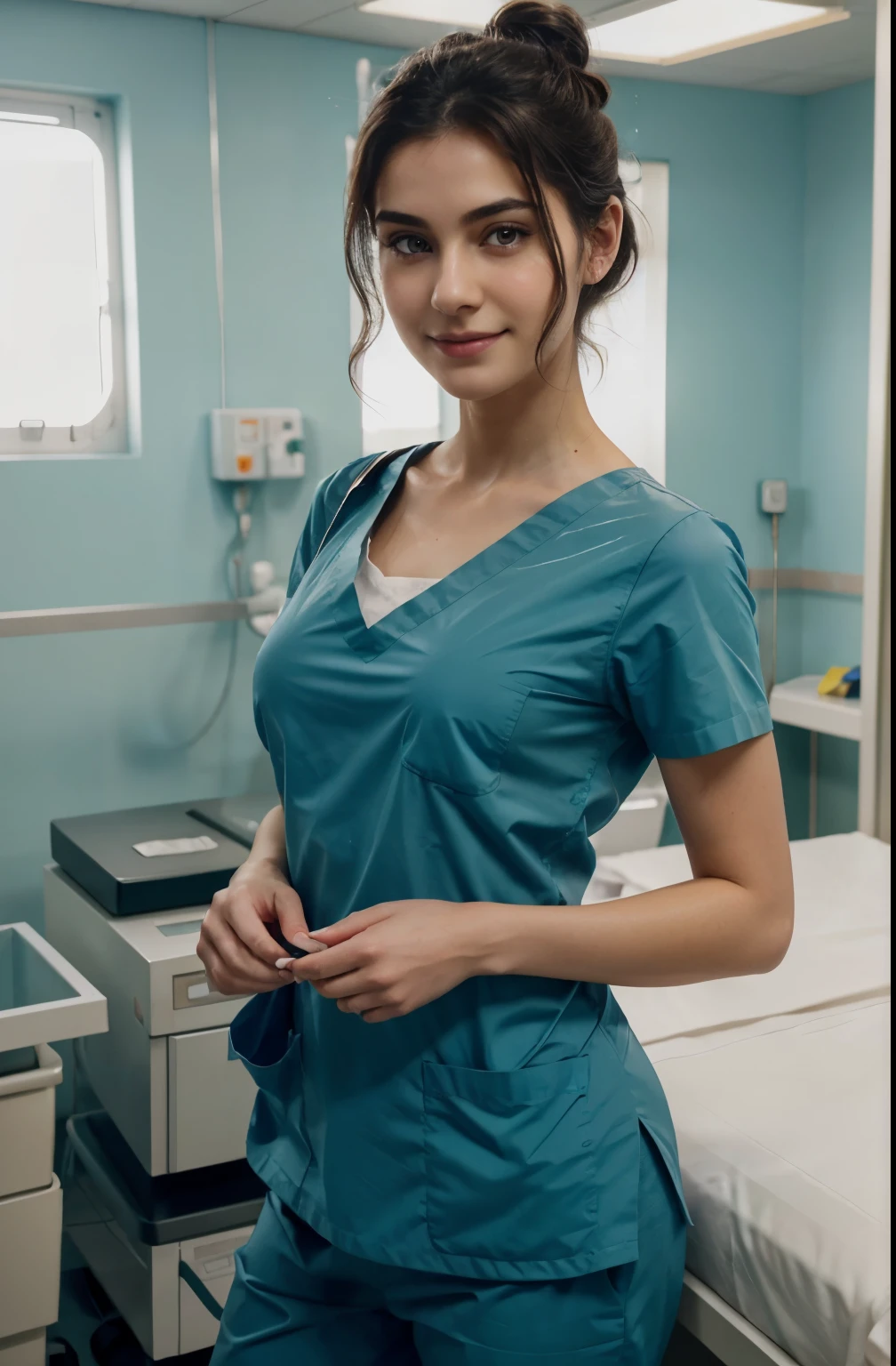 A Realistic Portrait of a italian tenager girl, 17 years old, as surgical nurse, Beautiful, detailed face, detailed eyes, (realistic skin:1.3), (pale skin:1.1), (textured skin:1.3), (()), big smile, (iphone photograph),), (artificial lighting:1.3), looking at the camera, perfect slim body, amateur Photography, Photorealistic, Detailed, analog, poor quality, grainy, standing in Operation room , , (perfect small breasts:1.1) 17 years old, standing in operation room, perfect body, pale skin, beautiful face, big smile, detailed face, wearing ultra soft and ultra light slight dark teal women hospital scrubs, dark teal hospital scrubs, wide angle showing full body, hospital ward, people, bokeh wearing dark-teal surgical scrubs, wide angle, showing full body, short hair tied up, hair bun, hair tied as chignon, holding black rubber-baloon in right hand